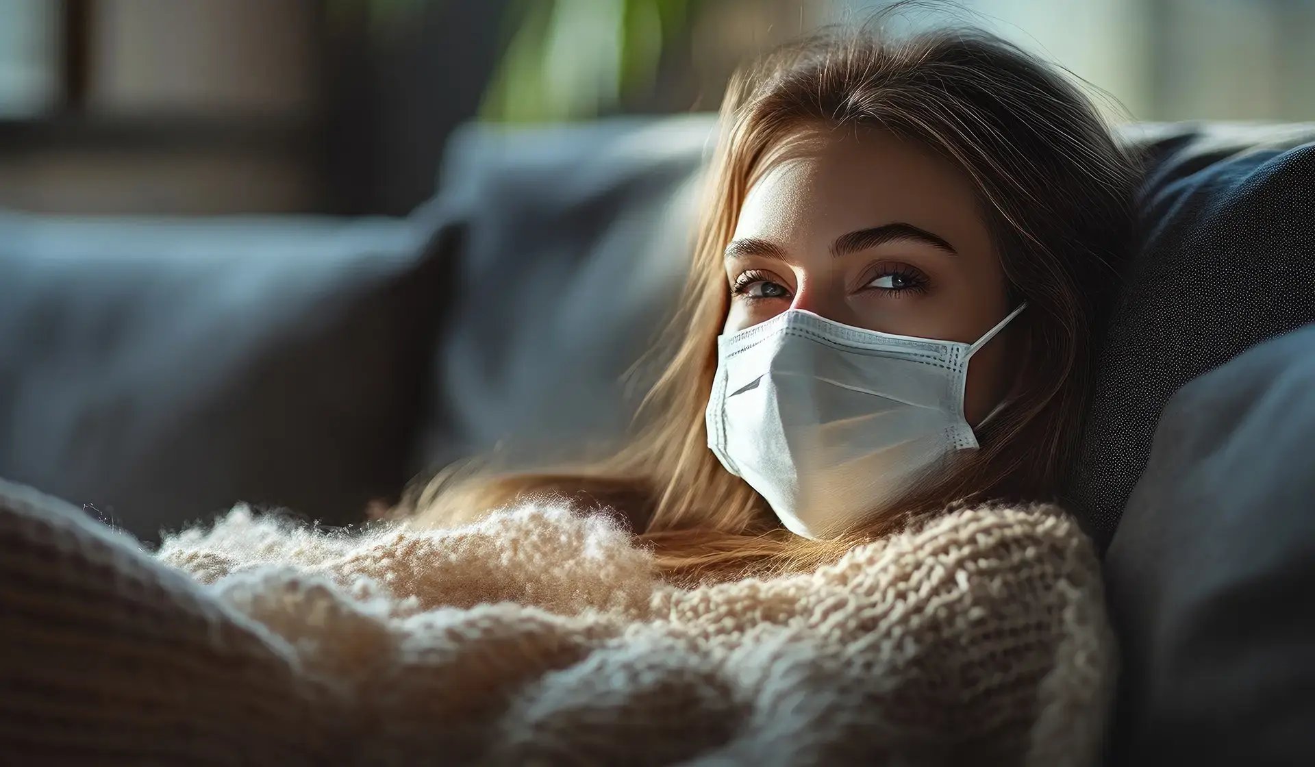 Junge Frau mit medizinischer Maske liegt krank auf dem Sofa – Symbolbild für Quarantäne und Entschädigungsregelungen nach dem Infektionsschutzgesetz (IfSG) im Bauwesen
