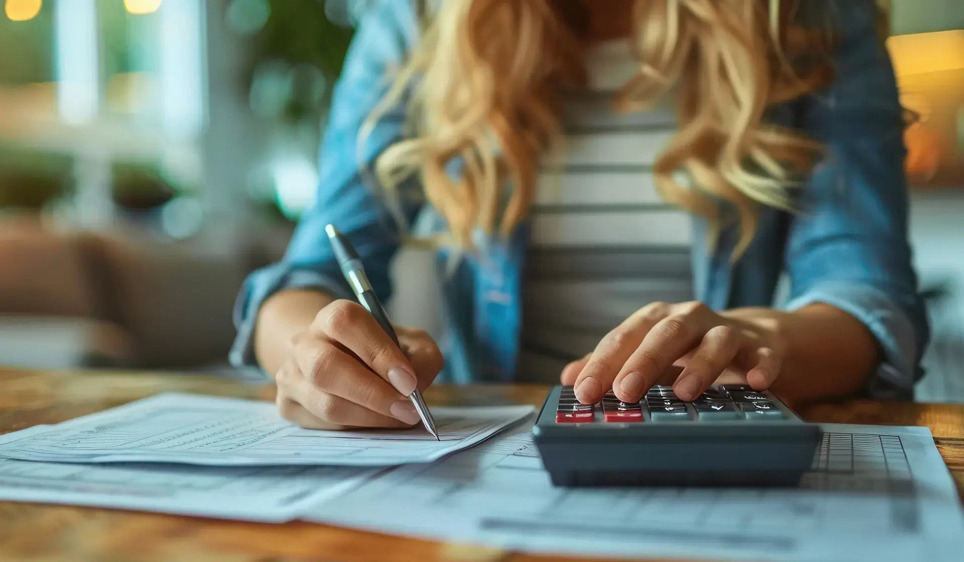 Büroangestellte berechnet Lohnsteuer mit Taschenrechner – Anpassung an Grundfreibetrag 2022 in Deutschland