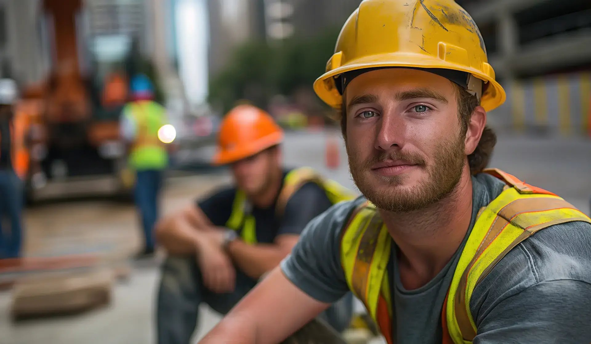 Junger Bauarbeiter mit gelbem Schutzhelm und Warnweste auf der Baustelle – im Hintergrund weitere Kollegen bei der Arbeit