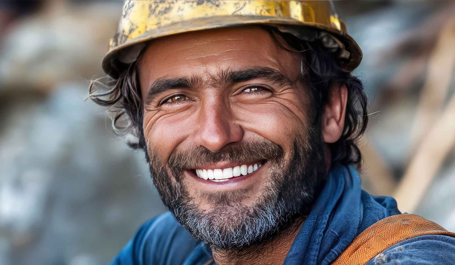 Lächelnder Bauarbeiter mit Helm – Symbolbild zur 450-Euro-Einmalzahlung im Bauhauptgewerbe