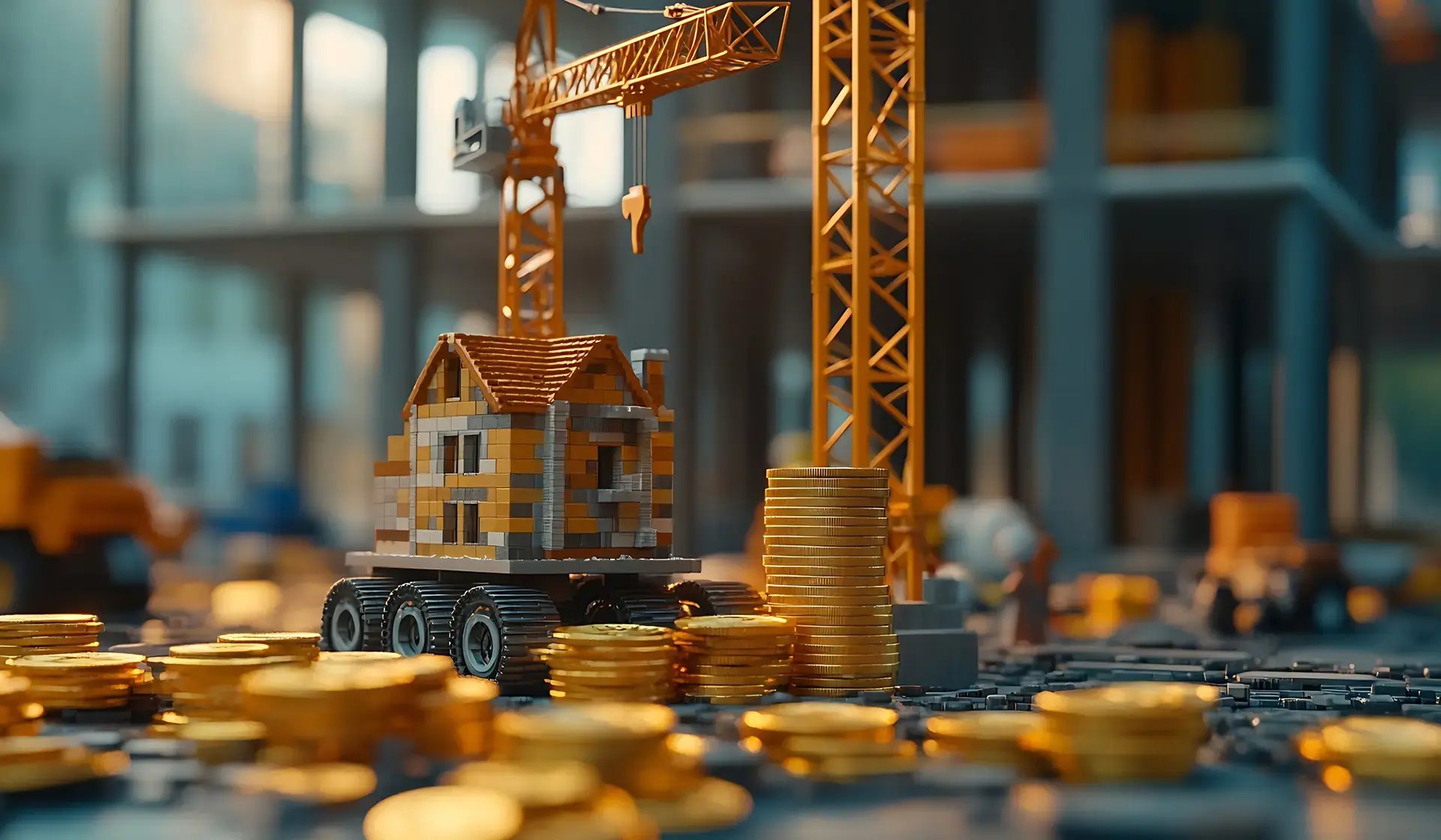 Symbolbild für Investitionen in die Bauwirtschaft in Deutschland – Miniaturhaus auf Rädern mit Baukran und Goldmünzen vor urbaner Baustellenkulisse