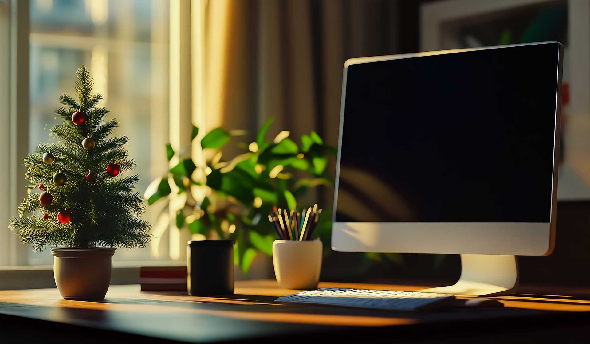 Weihnachtlich geschmückter Mini-Tannenbaum auf einem Schreibtisch mit Computer im Hintergrund – Symbol für Jahresabschlussarbeiten in der Lohnabrechnung