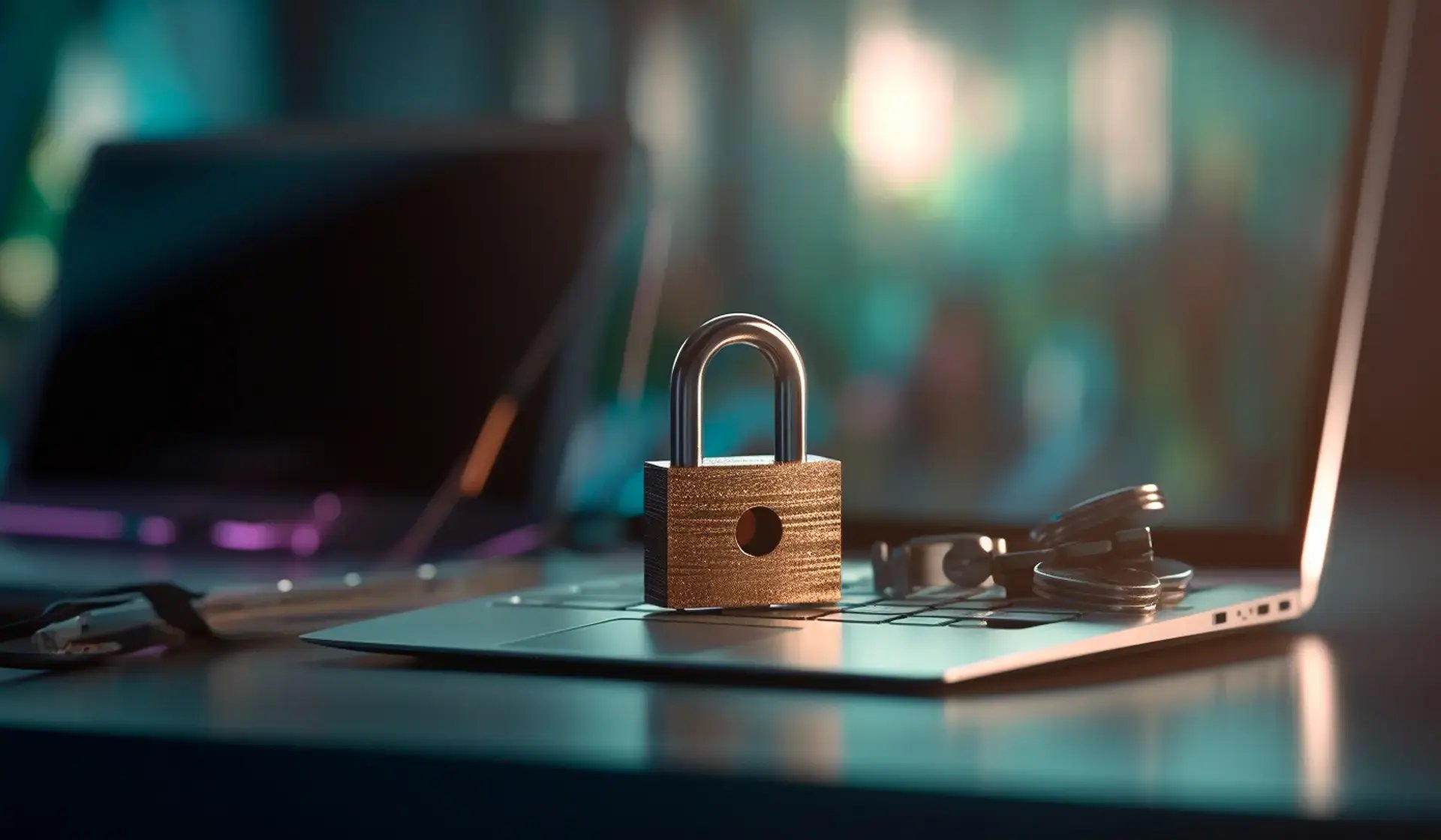 Vorhängeschloss und Schlüssel auf einem Laptop – Symbolbild für sichere Zugänge und IT-Schutz im Bauunternehmen