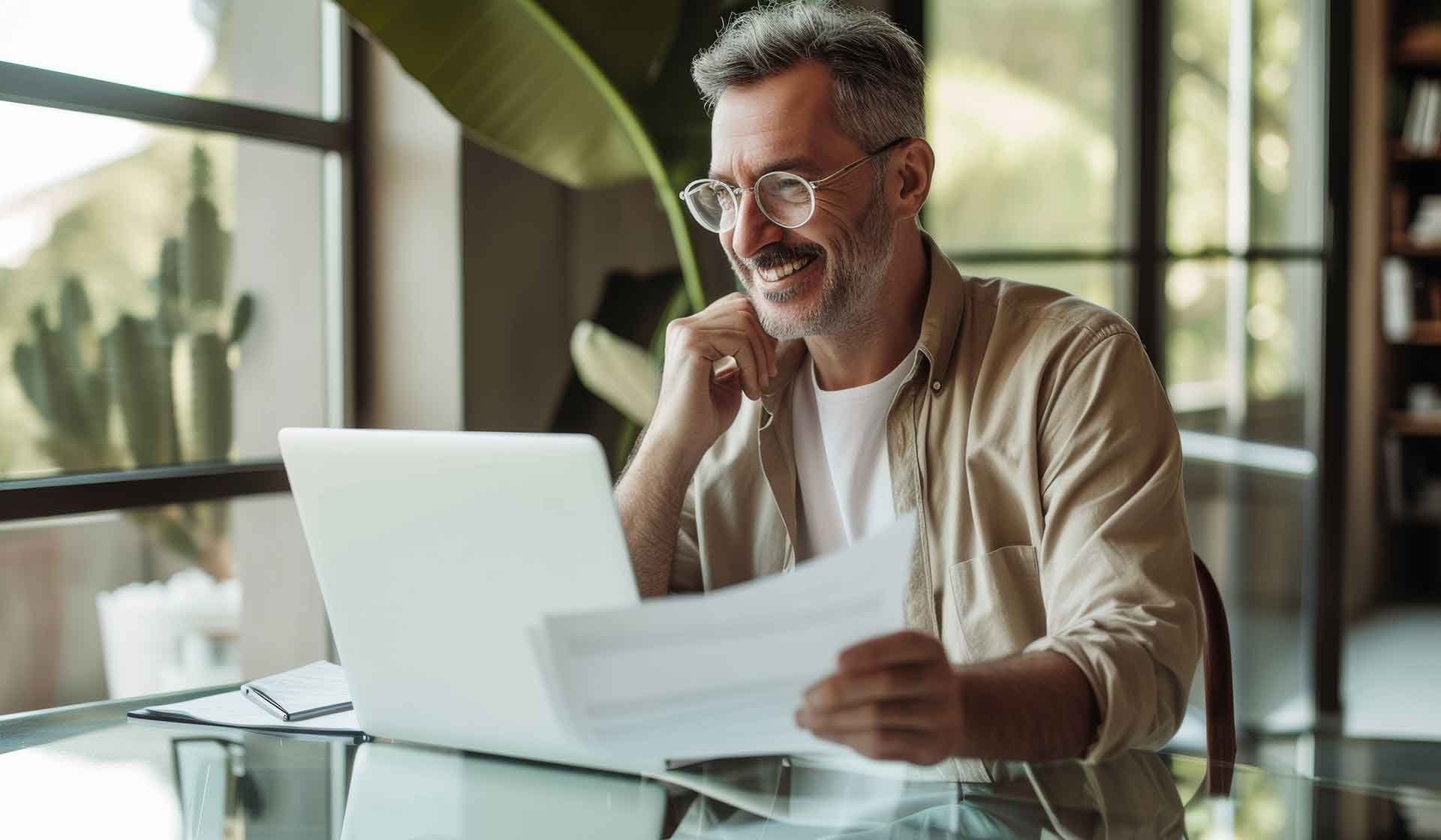 Lächelnder Mann mit Brille arbeitet am Laptop mit Kalkulationsunterlagen – Symbol für erfolgreiche Angebotskalkulation und nachhaltige Preisgestaltung im Baugewerbe
