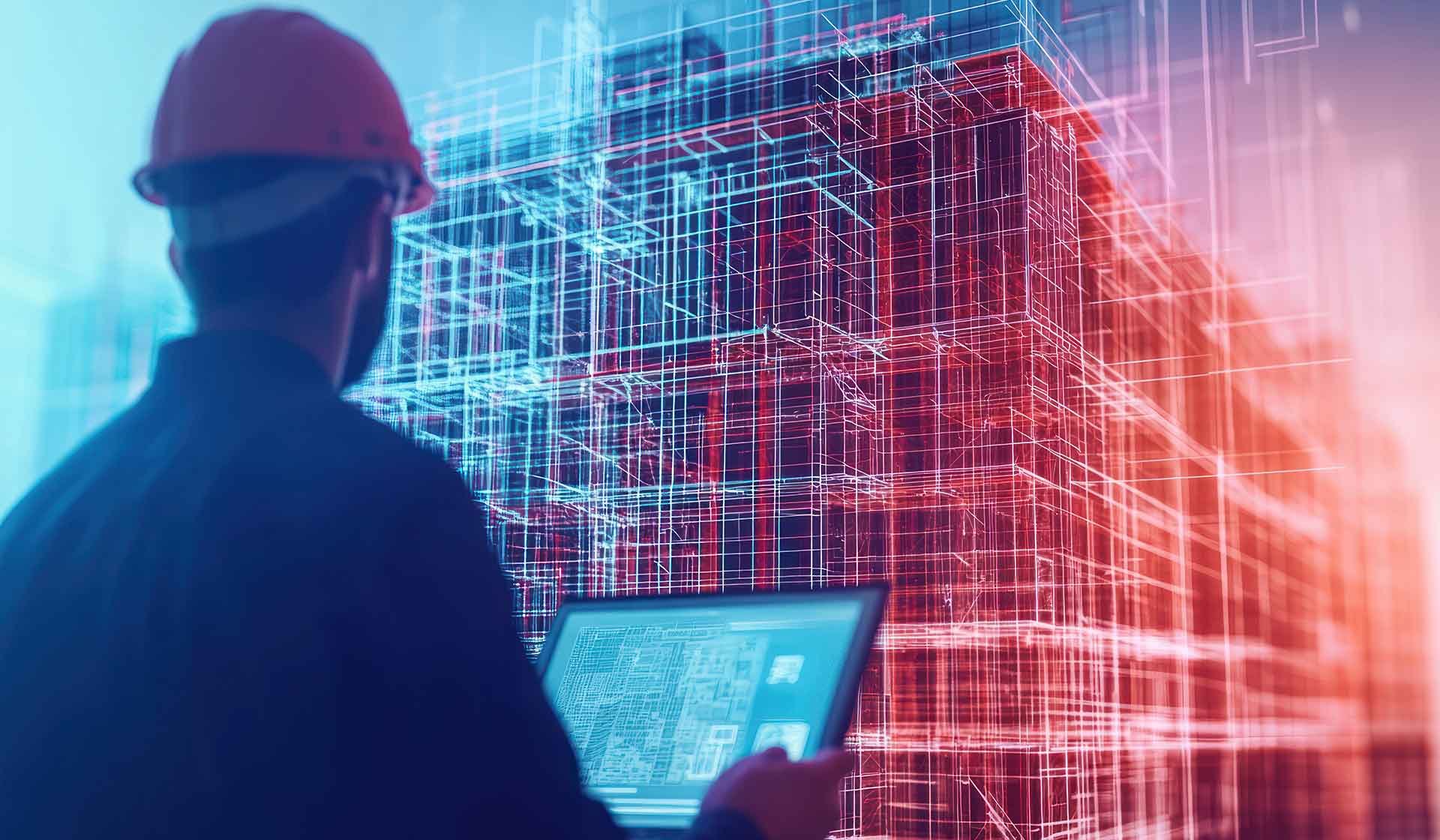 Bauingenieur mit Tablet betrachtet 3D-Modell eines Gebäudes in einer digitalen BIM-Umgebung – moderne Bauplanung mit Building Information Modeling