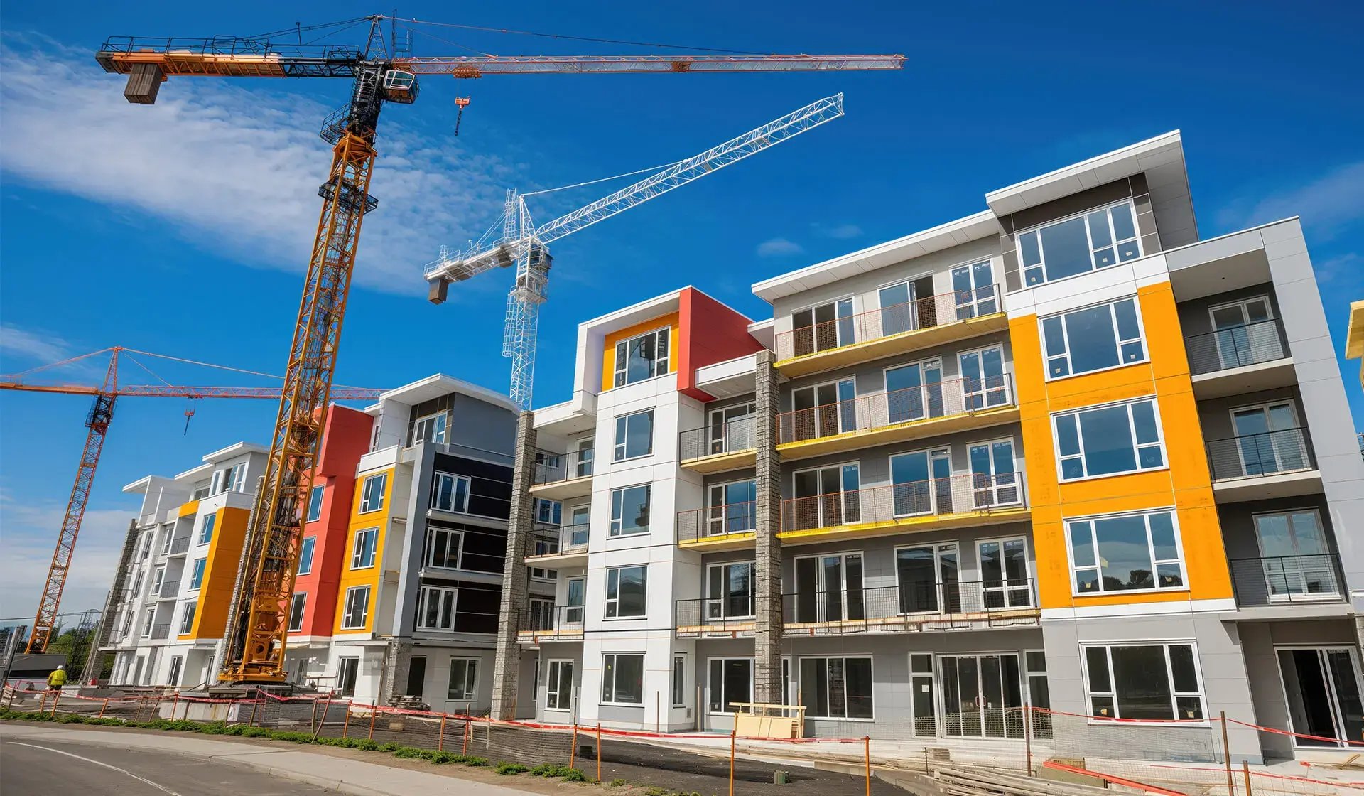 Wohnungsneubau mit modernen Mehrfamilienhäusern und Baukränen bei sonnigem Wetter – Symbolbild für Wohnungsbauoffensive in Deutschland