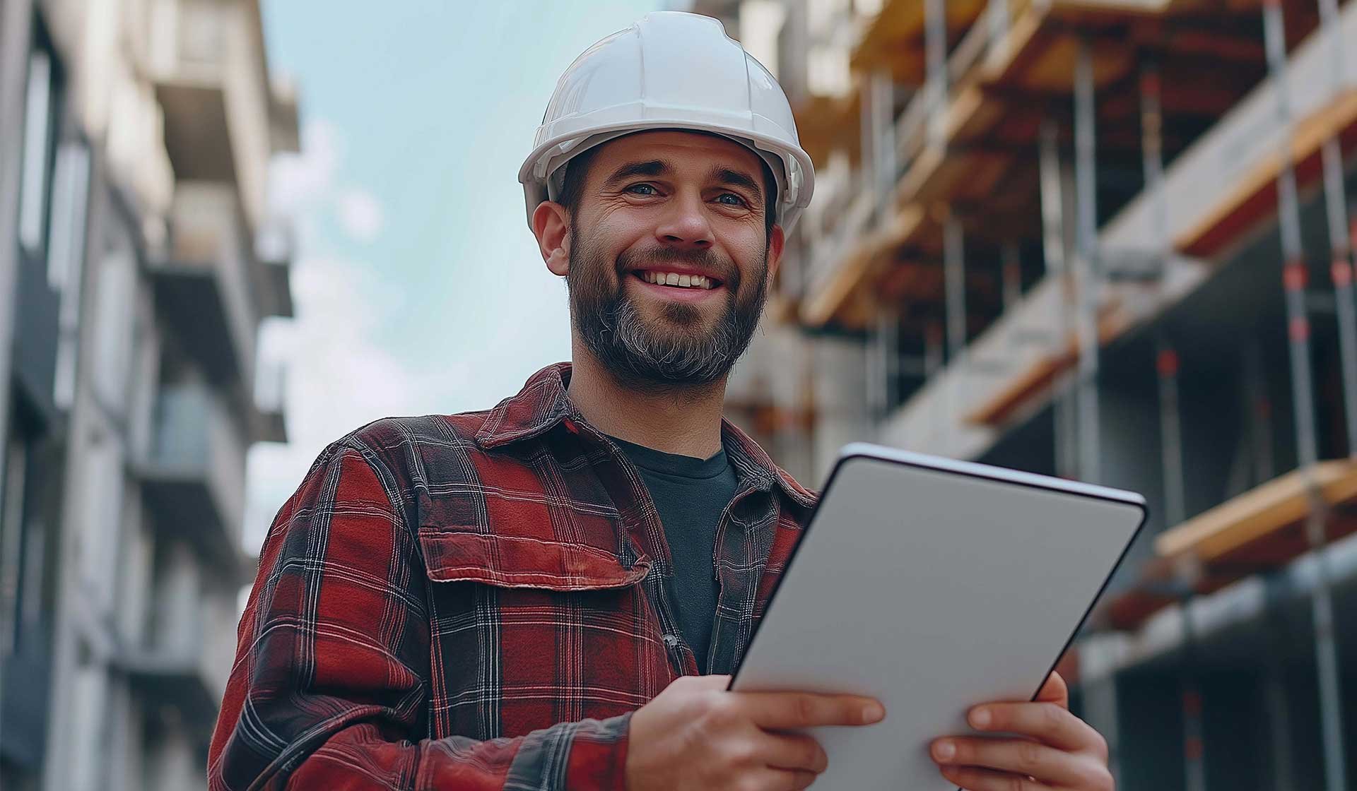 Bauleiter mit Tablet vor Rohbau – Symbolbild zur SOKA-Beitragserhöhung ab 2024 im Baugewerbe