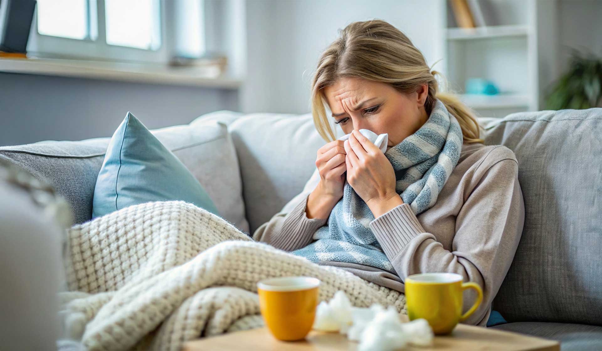 Erkältete Frau sitzt eingewickelt in eine Decke auf dem Sofa und putzt sich die Nase – Symbolbild für Krankheit, Arbeitsunfähigkeit und elektronische Krankschreibung (eAU)