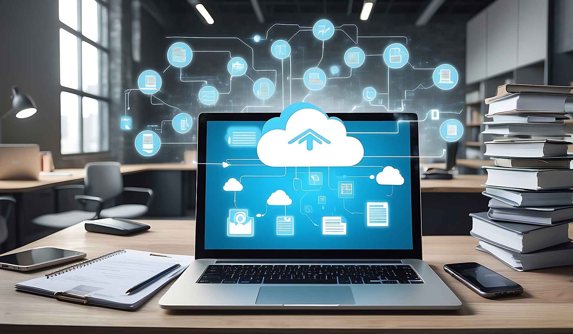 Laptop mit Cloud-Symbol im modernen Büro – digitales Archivieren von Bauunterlagen: sicher, platzsparend und schnell