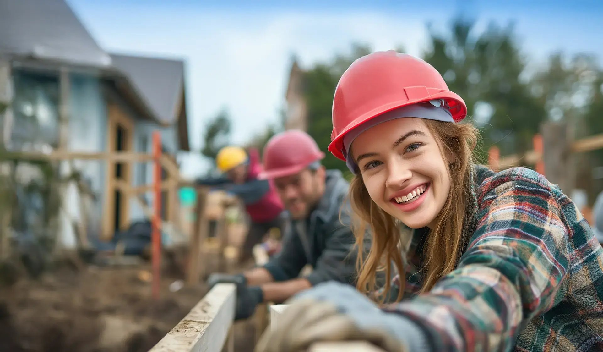 Junge Auszubildende auf einer deutschen Baustelle mit rotem Schutzhelm – Nachwuchsförderung und Fachkräftesicherung im Baugewerbe in Deutschland