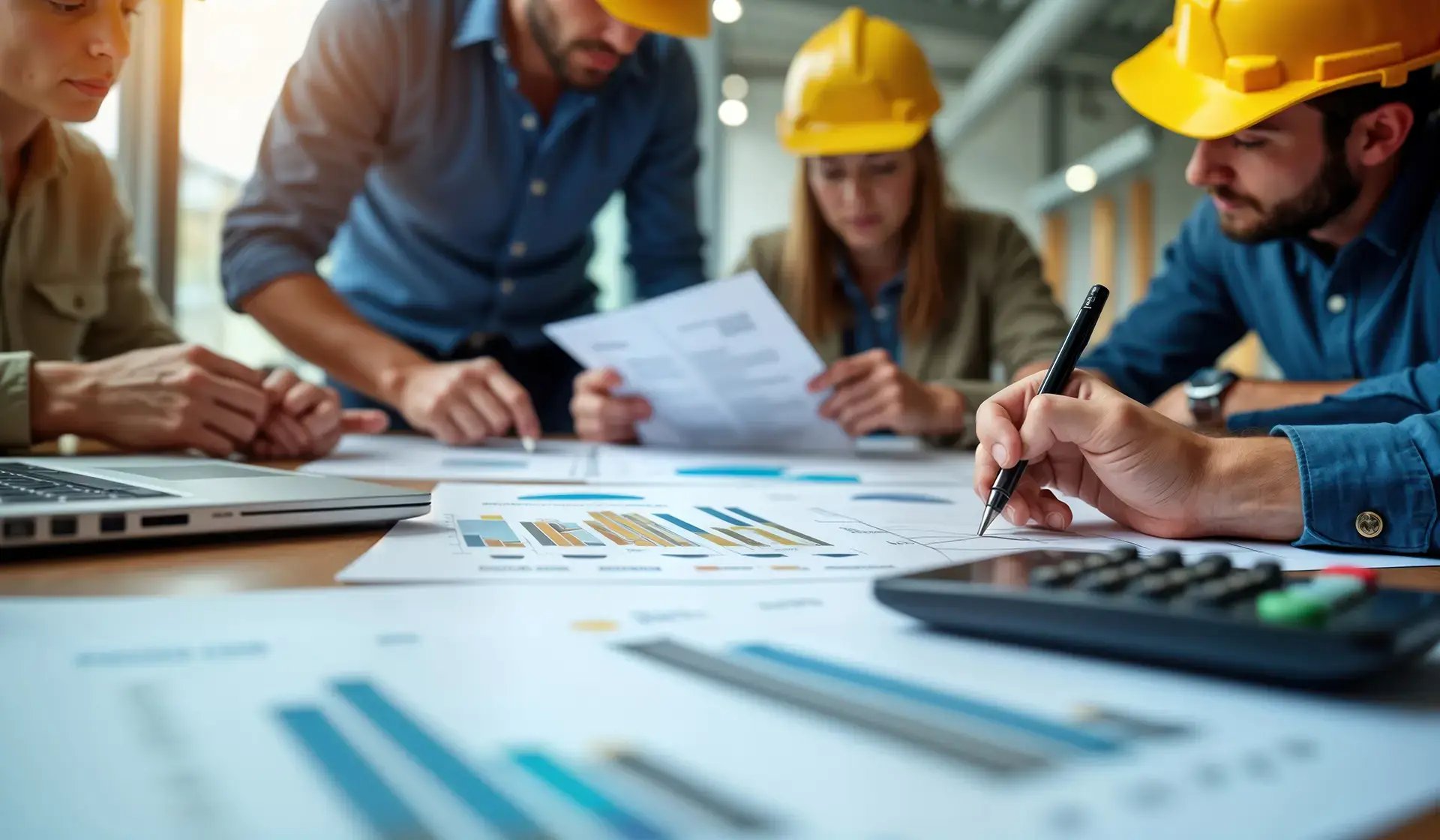 Das Bauprojektteam überprüft den Haushaltsbericht, die Teammitglieder analysieren die Finanzdiagramme und die Kosten.