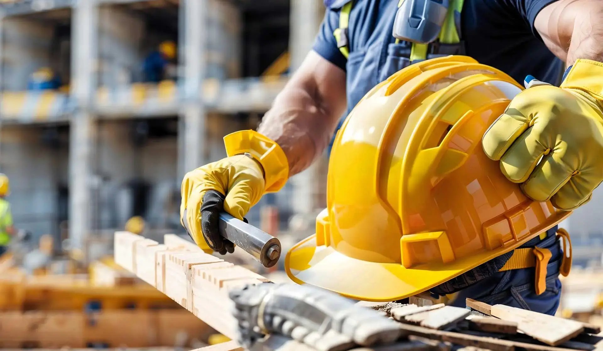 Bauarbeiter auf deutscher Baustelle mit Schutzhelm und Werkzeug – Symbolbild für Lohngruppen im Bauhauptgewerbe 2025