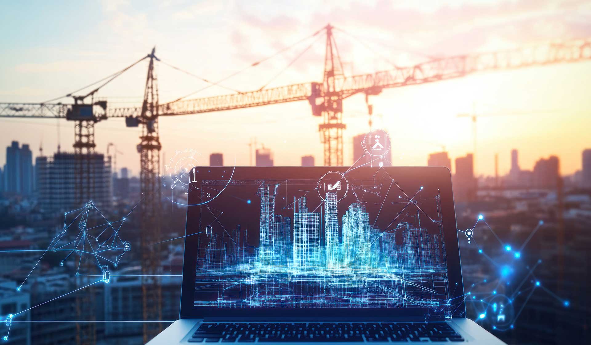 Baustelle in Deutschland mit digitaler Baustellenplanung, Tablet-Nutzung und moderner Technik gegen Fachkräftemangel im Baugewerbe