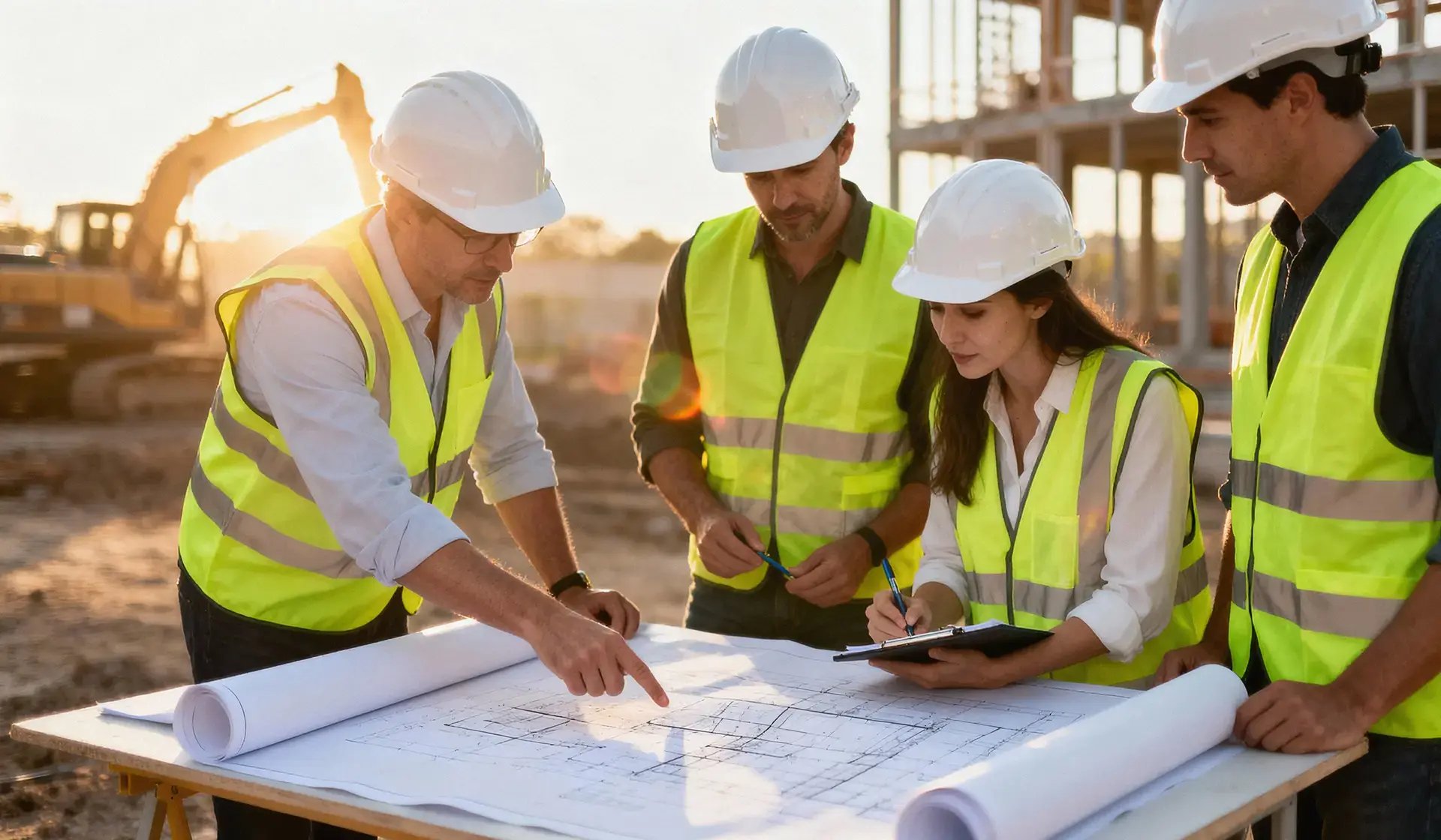 Bauleiter-Team bei der Besprechung eines Bauplans auf einer Baustelle in Deutschland – effektive Baustellensteuerung bei Sonnenuntergang