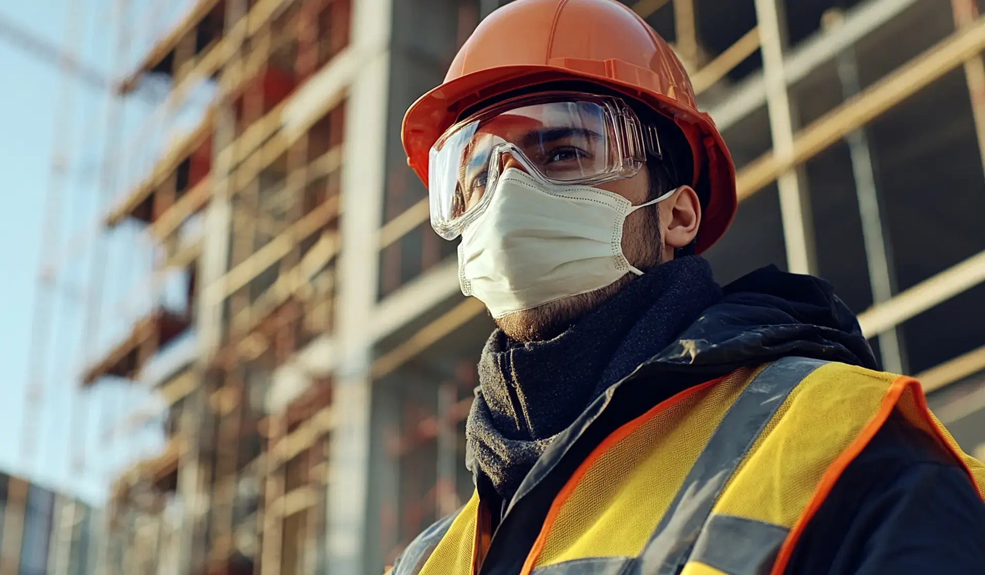 Bauarbeiter mit Mund-Nasen-Schutz, Schutzbrille und Helm auf Baustelle – Umsetzung der BG BAU-Hygienevorgaben während der Pandemie