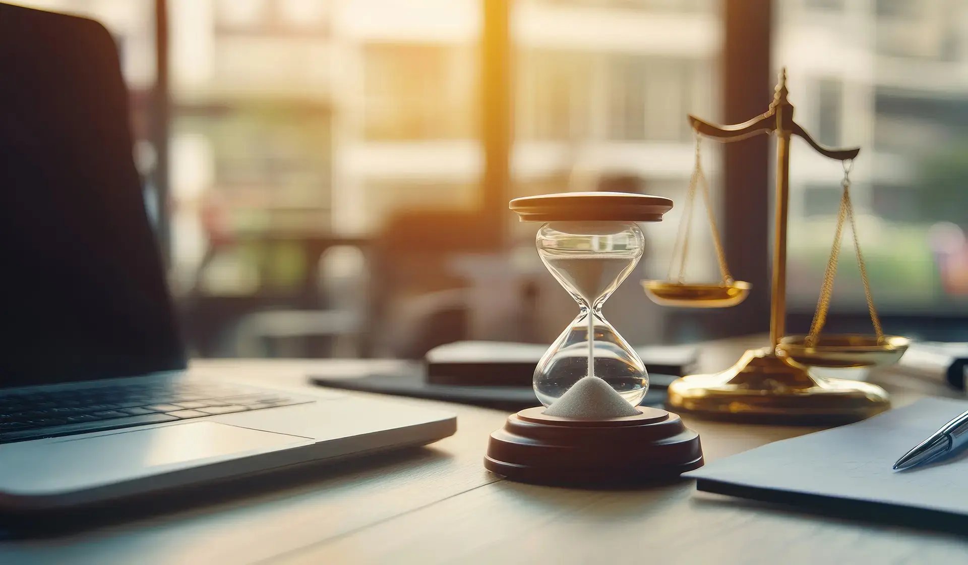 Symbolbild Arbeitsrecht: Sanduhr und Justitia-Waage auf Schreibtisch mit Laptop – Sinnbild für Arbeitszeiterfassung im Baugewerbe