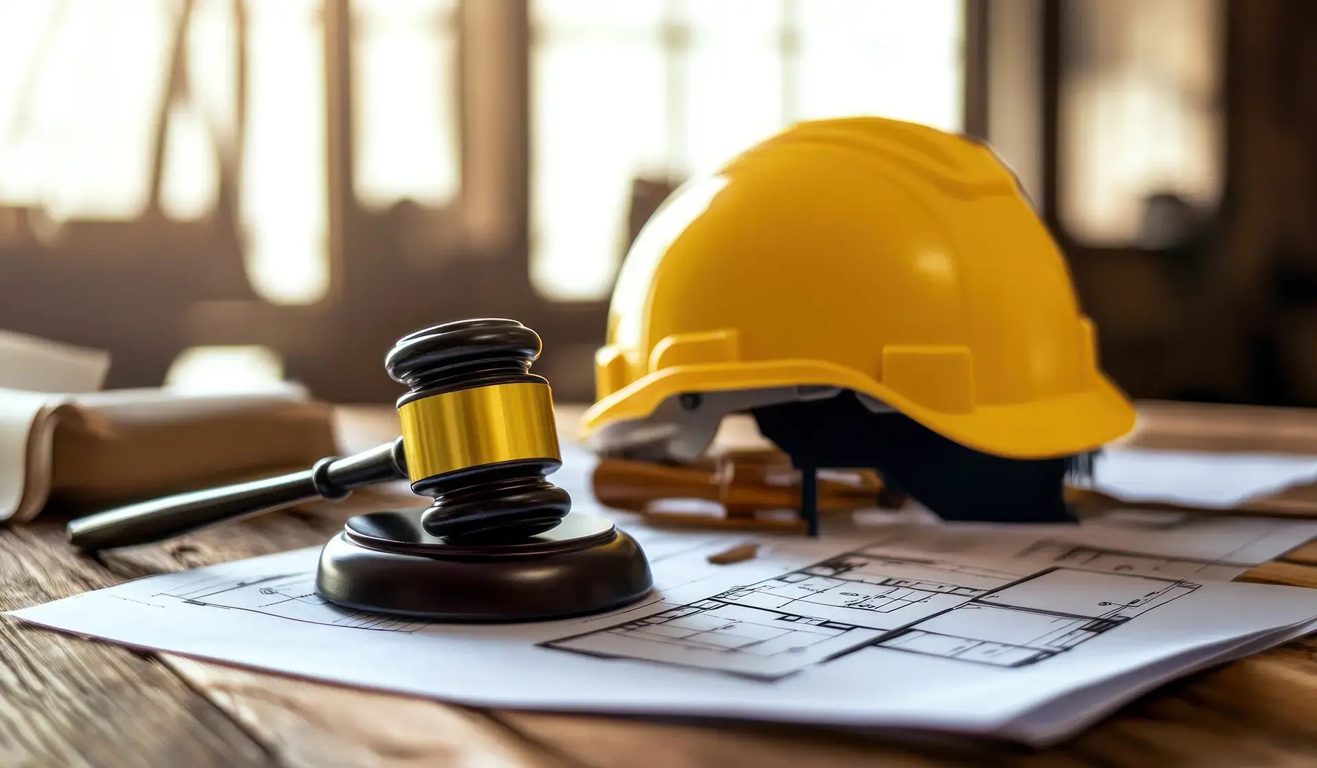 Bauhelm und Richterhammer auf Bauplan – Symbolbild für Schlichterspruch im Baugewerbe zu Lohn und Wegegeld