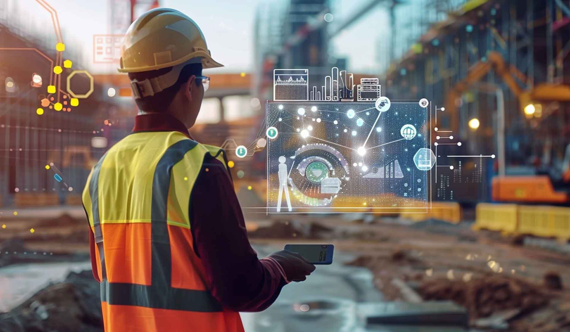 Bauleiter mit Smartphone auf Baustelle, umgeben von digitalen Analyse- und Daten-Grafiken – Symbolbild für Digitalisierung in der Baubranche