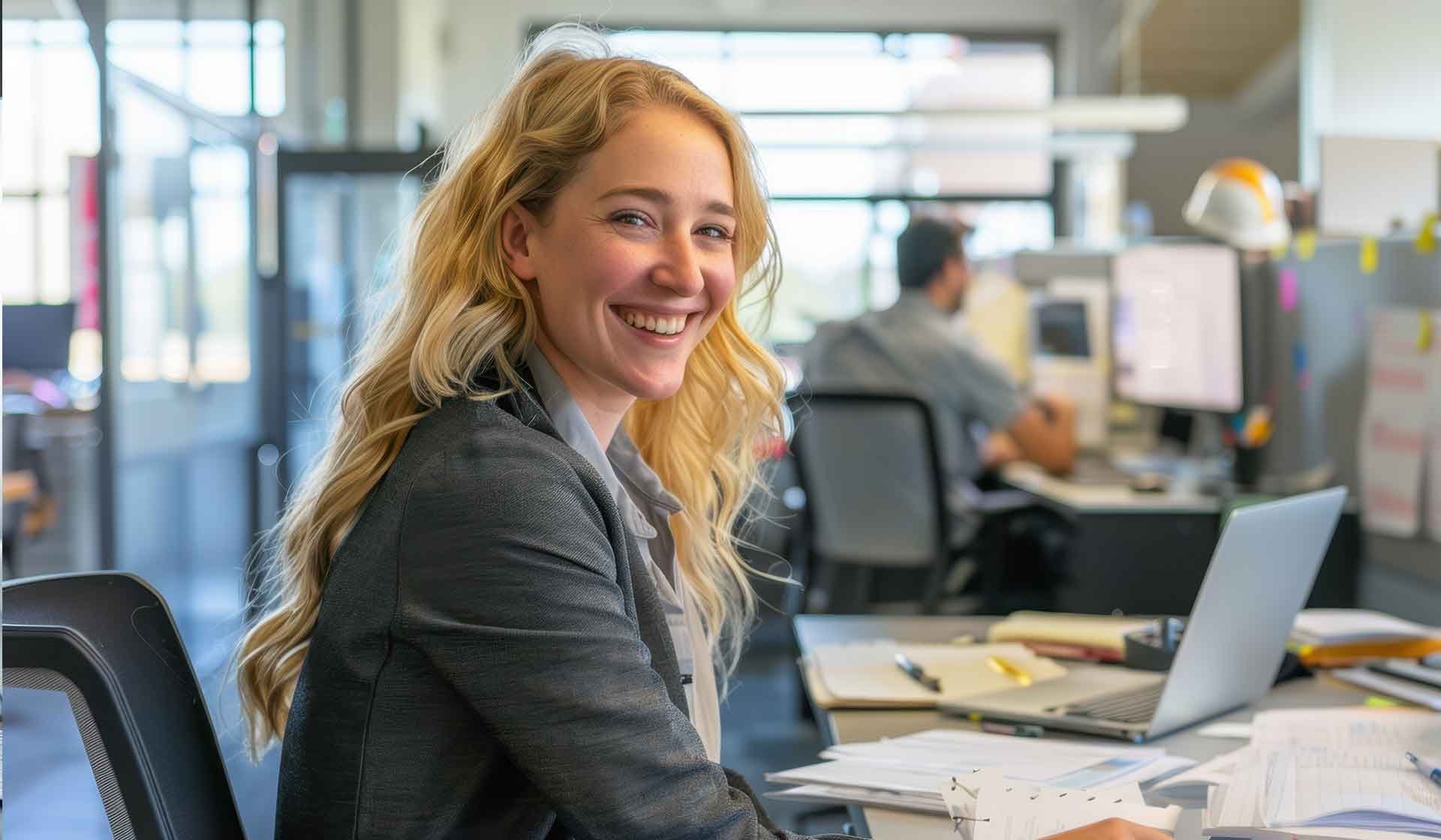 Lächelnde Mitarbeiterin in der Bauverwaltung bei der Arbeit am Schreibtisch mit Laptop und Unterlagen