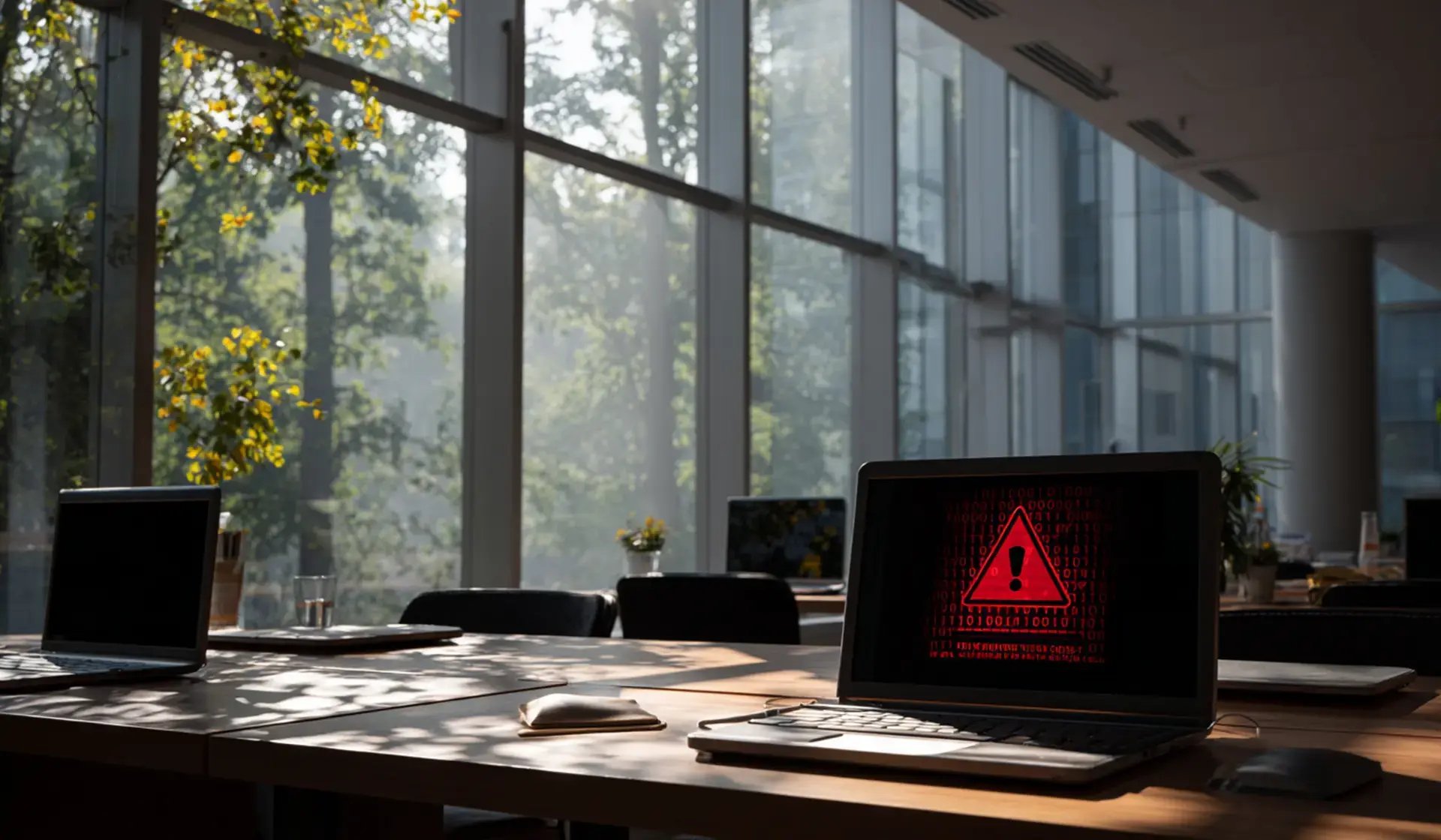 Laptop mit Cyber-Warnmeldung in modernem Büro – erhöhte Gefahr durch Cyberangriffe in der Urlaubszeit
