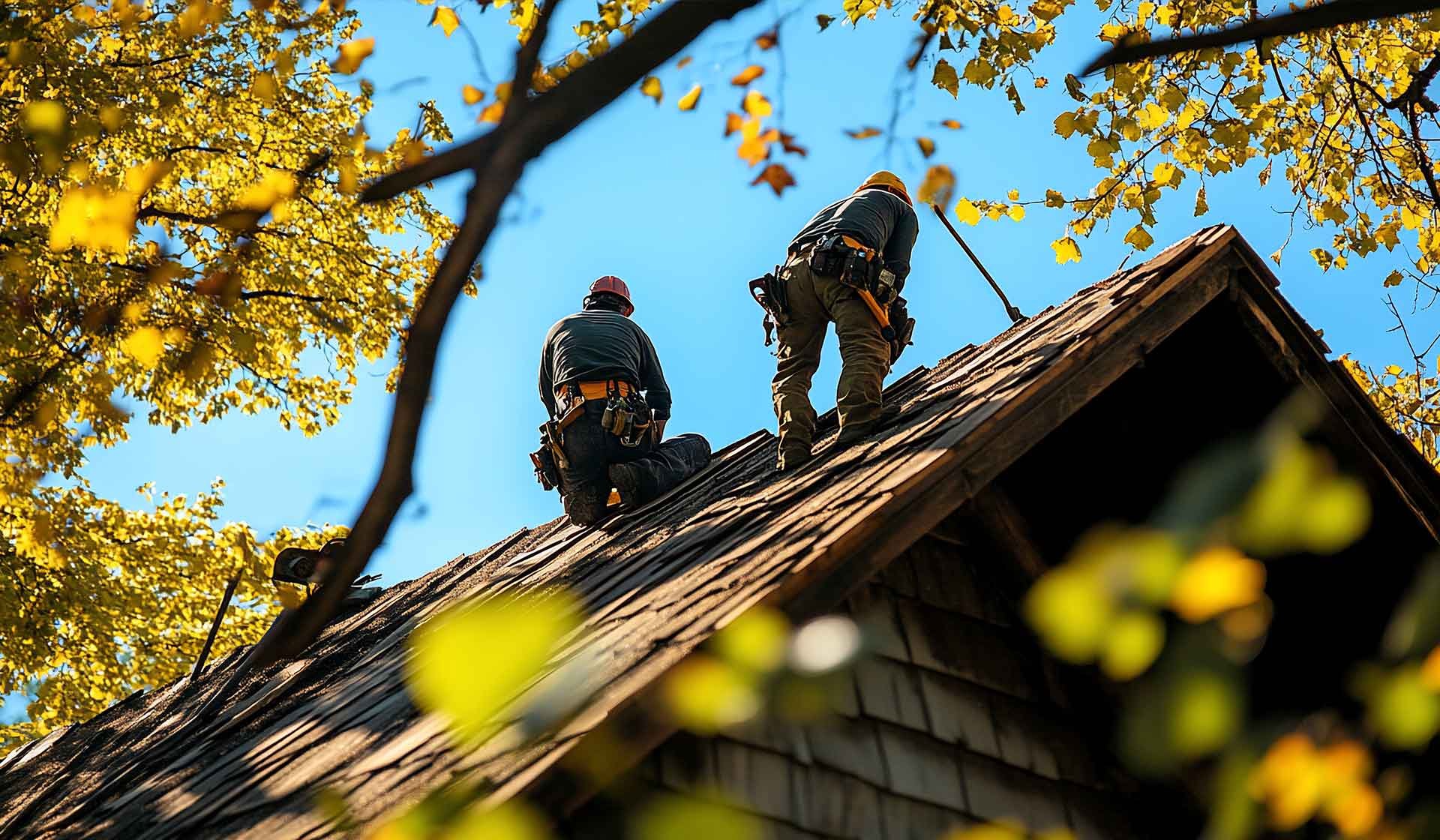 Zwei Dachdecker bei Arbeiten auf einem steilen Dach unter blauem Himmel im Herbst – Symbolbild für Unterschiede zwischen Dachdeckerhandwerk und Bauhauptgewerbe