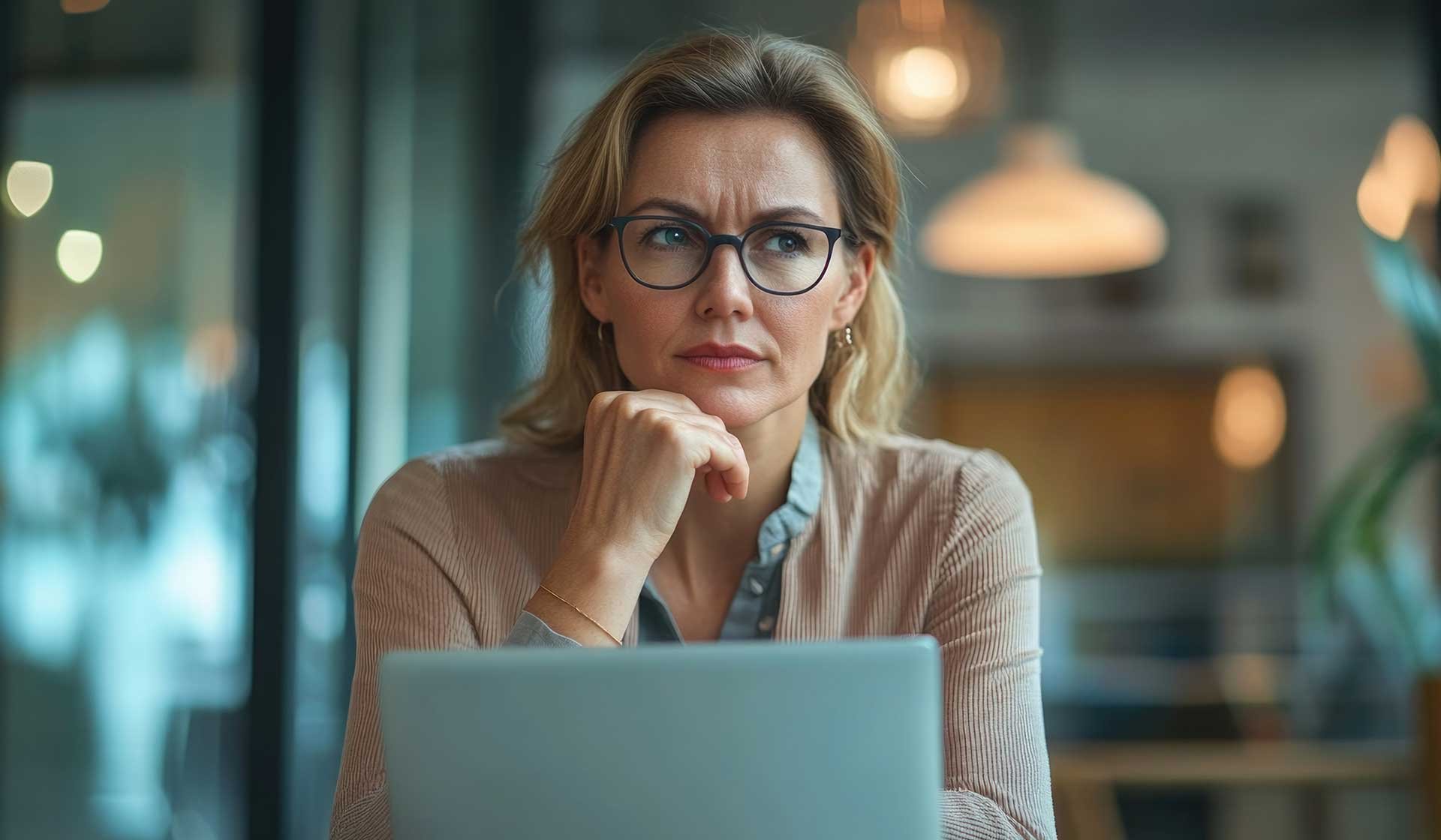 Nachdenkliche Frau mit Brille vor einem Laptop – Sinnbild für die Entscheidung zwischen interner Lohnabrechnung und Outsourcing