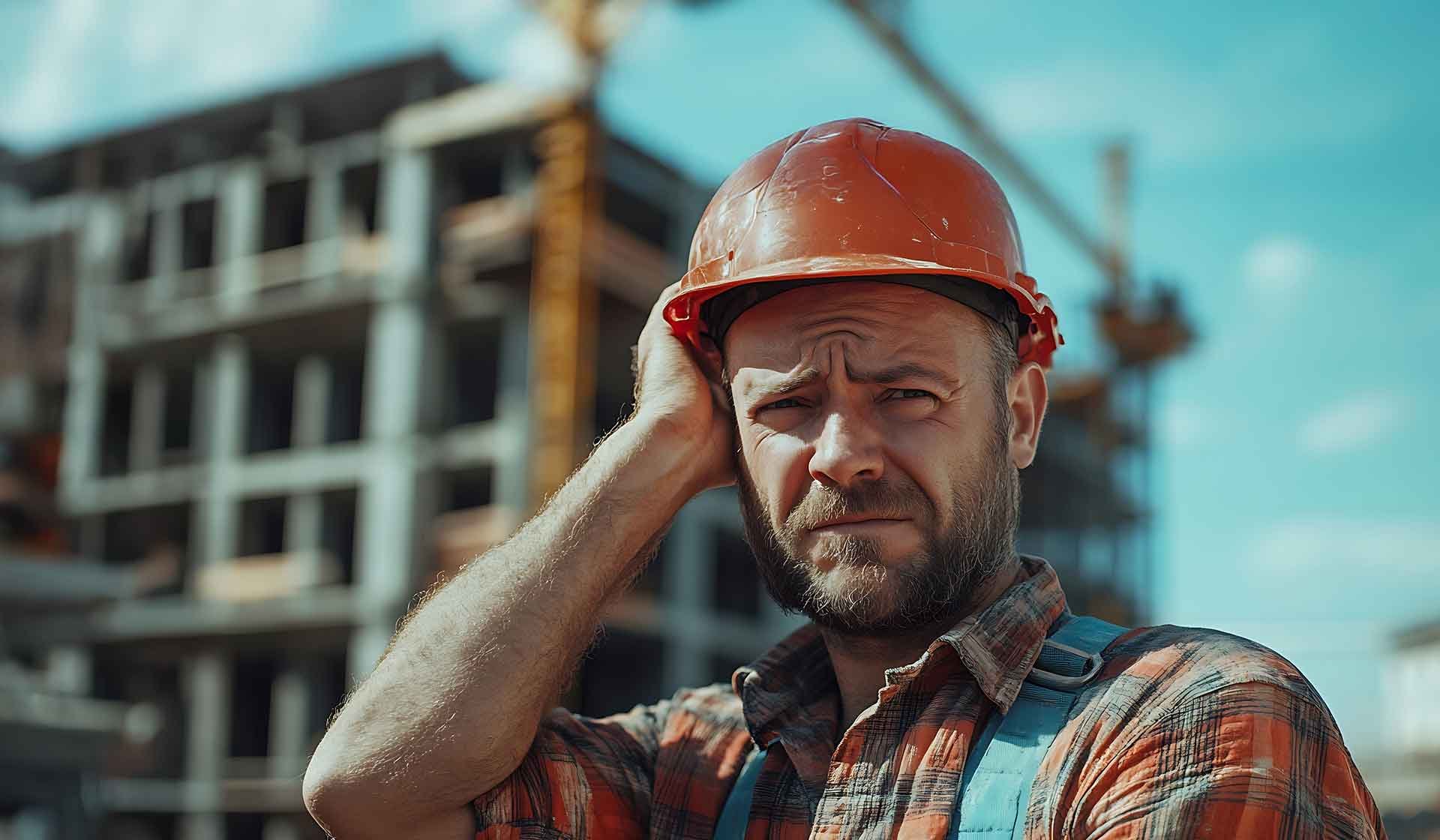 Nachdenklicher Bauarbeiter mit Helm auf einer Baustelle – Symbolbild für Unsicherheit in der Bauwirtschaft