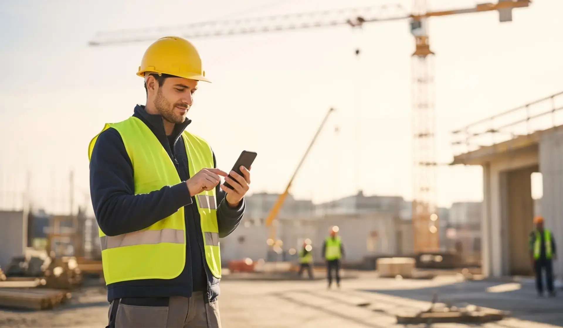 Bauarbeiter mit Schutzhelm und Warnweste nutzt Smartphone zur digitalen Zeiterfassung auf einer Baustelle – moderne Technik im Baugewerbe