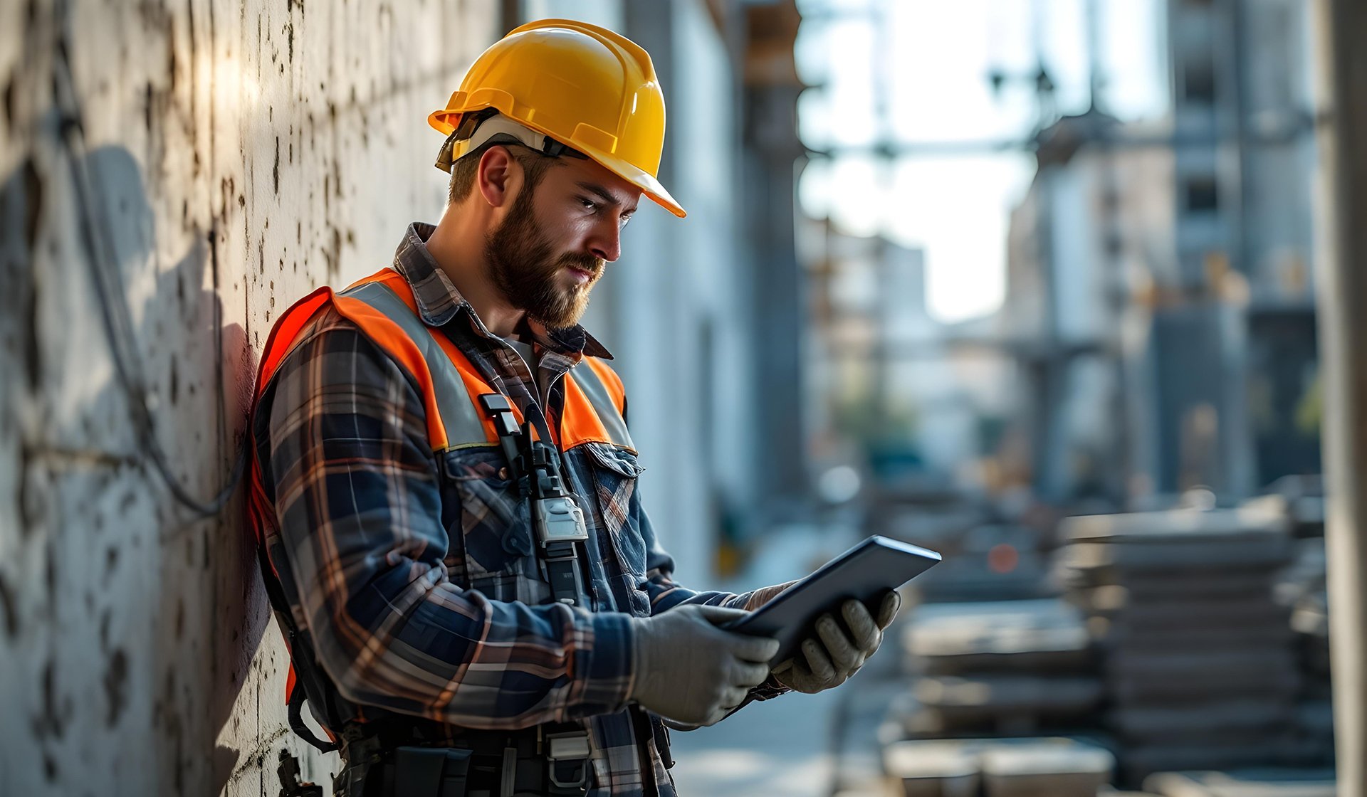 Handwerker mit Schutzhelm und Warnweste nutzt digitales Tablet auf Baustelle – Sinnbild für digitalen Fortschritt im Handwerk durch Outsourcing