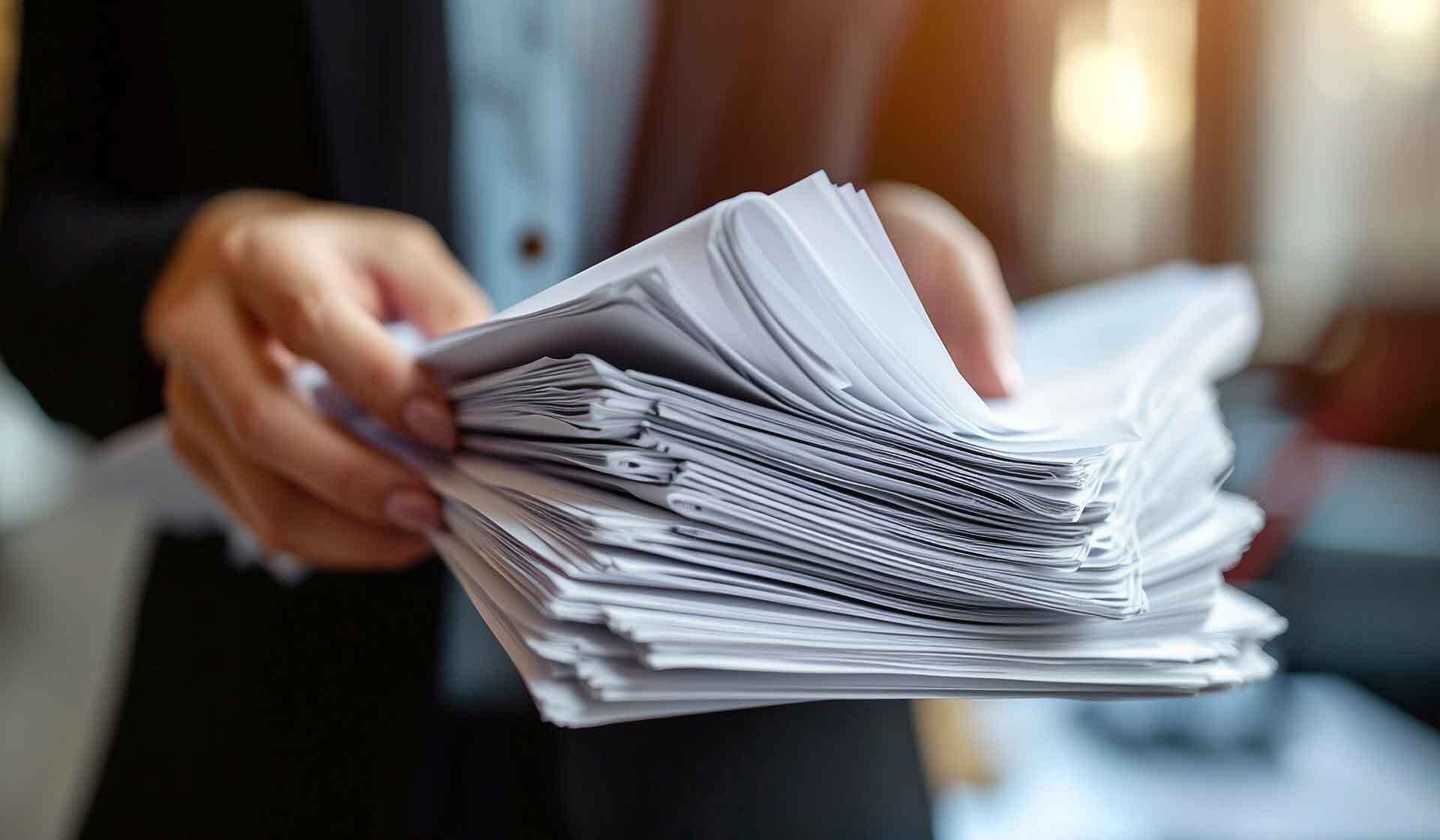 Hände halten großen Papierstapel – Symbolbild für Dokumentenaufbewahrung im Baubetrieb