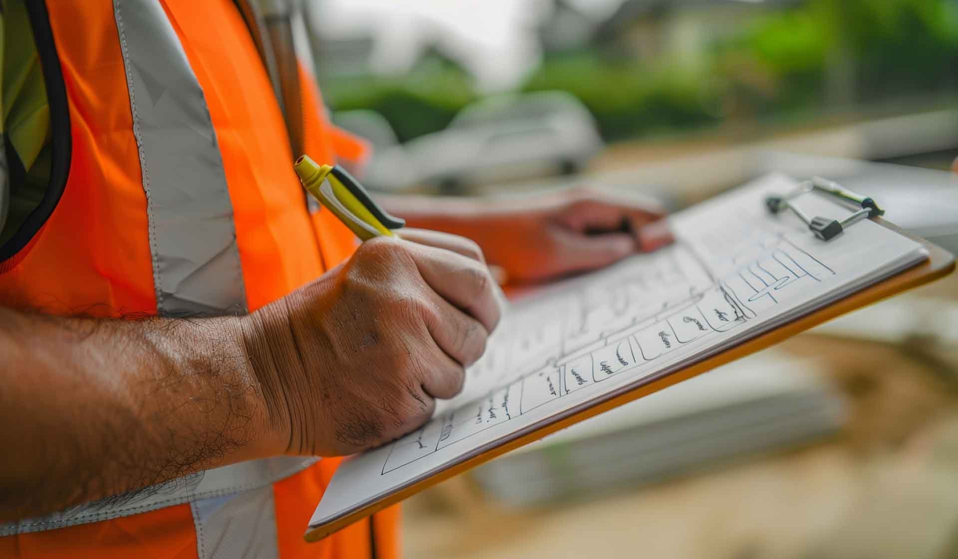 Bauarbeiter in Warnweste füllt auf einer Baustelle ein Formular auf einem Klemmbrett aus – Symbolbild für Bescheinigungsmanagement, Dokumentationspflichten und rechtssichere Abläufe im Bauwesen