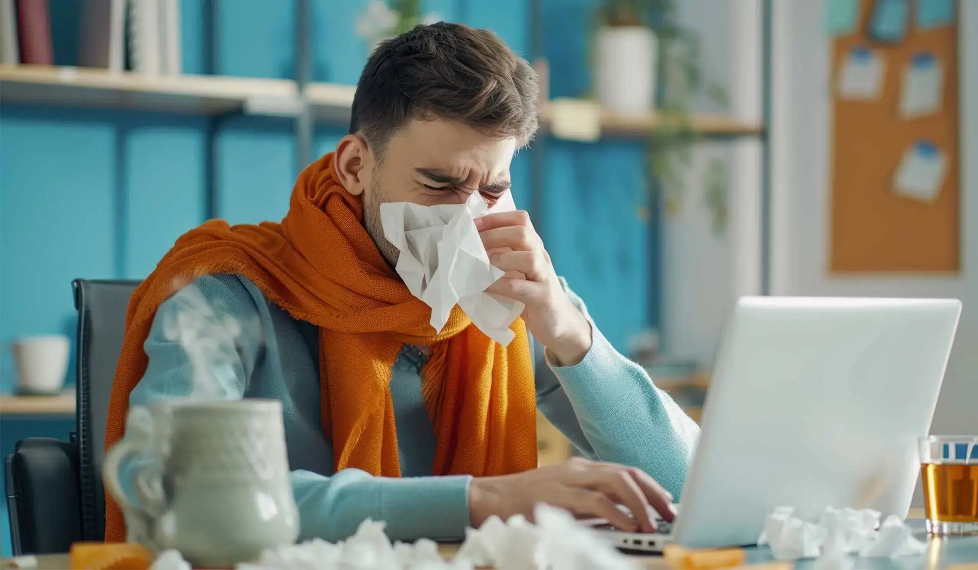 Erkrankter Mitarbeiter mit Schal und Taschentuch vor Laptop – symbolisch für digitale eAU-Rückmeldungen im Krankheitsfall an Krankenkassen in Deutschland