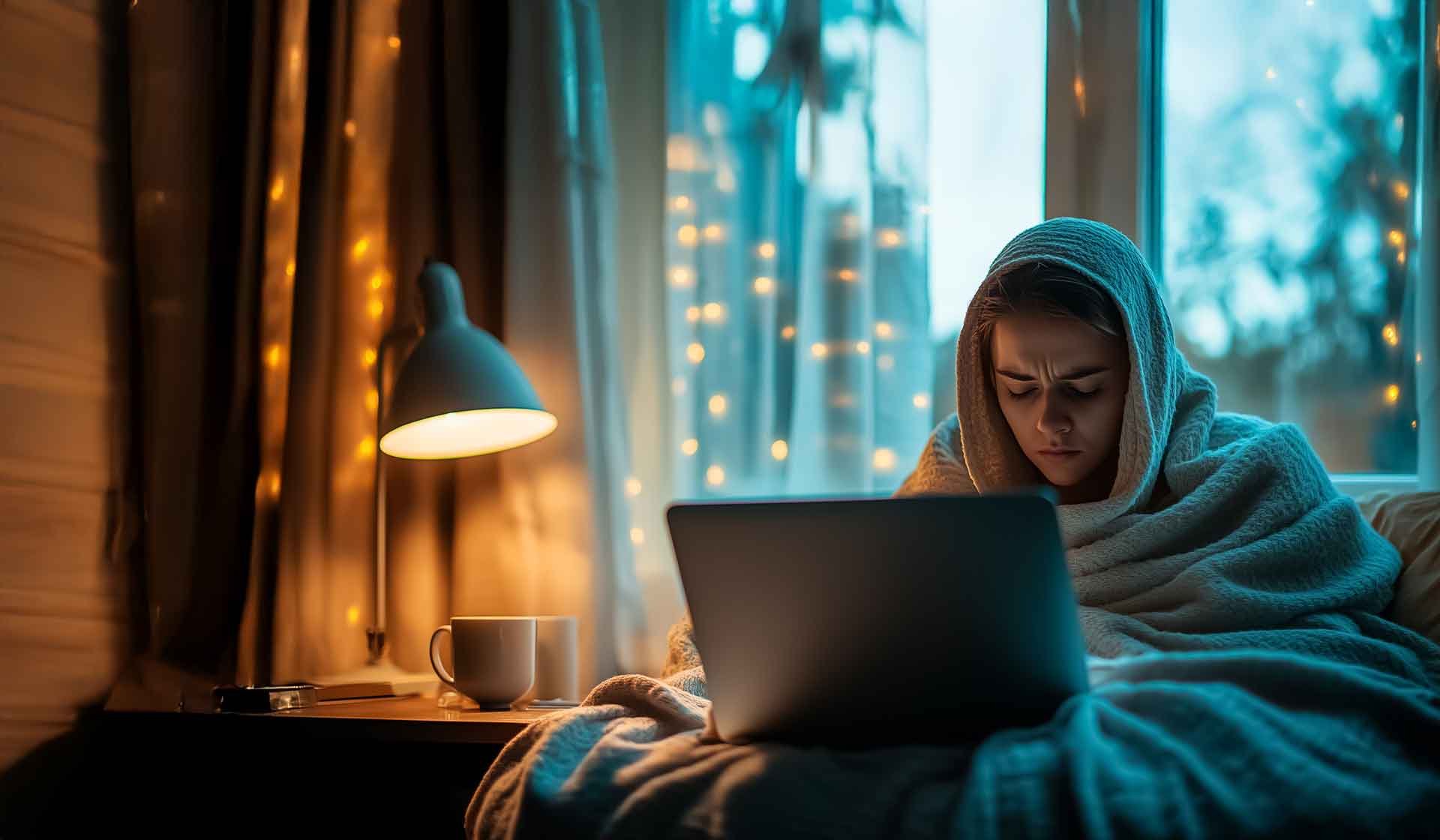 Junge Frau sitzt in Decke gehüllt vor Laptop, abends am Fenster – symbolisiert digitale Krankmeldung (eAU) und Homeoffice bei Krankheit