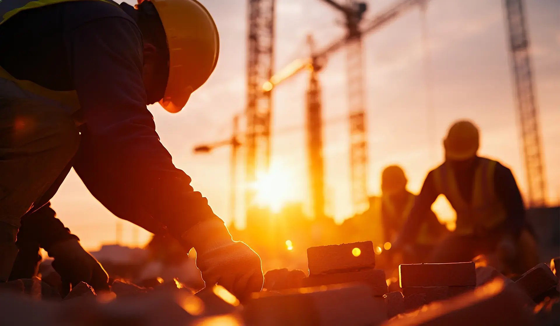 Bauarbeiter bei Sonnenaufgang auf deutscher Baustelle – Symbolbild für Entgelterhöhung im Bauhauptgewerbe ab April 2023