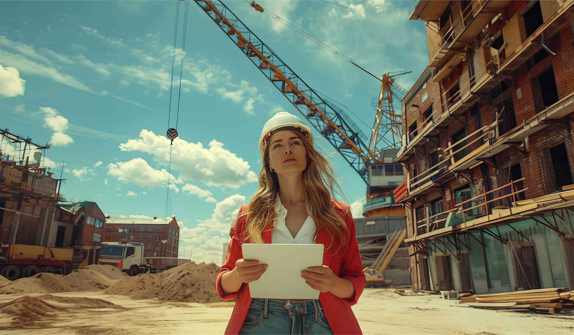 Bauleiterin mit Tablet auf Baustelle vor Rohbau und Baukränen – Sinnbild für modernes Baustellenmanagement, Digitalisierung im Bauwesen und weibliche Führungskräfte in der Baubranche