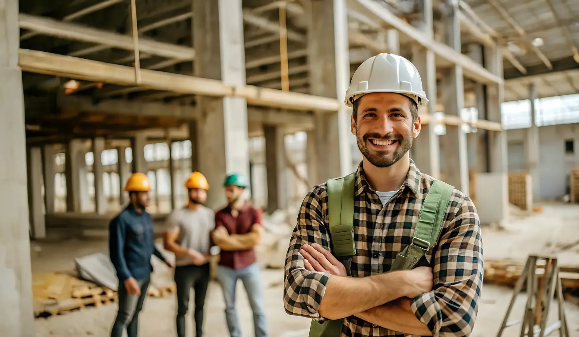 Lächelnder Bauleiter mit Helm und kariertem Hemd steht vor seinem Team auf einer Baustelle – Fachkräftemangel im Baugewerbe begegnen