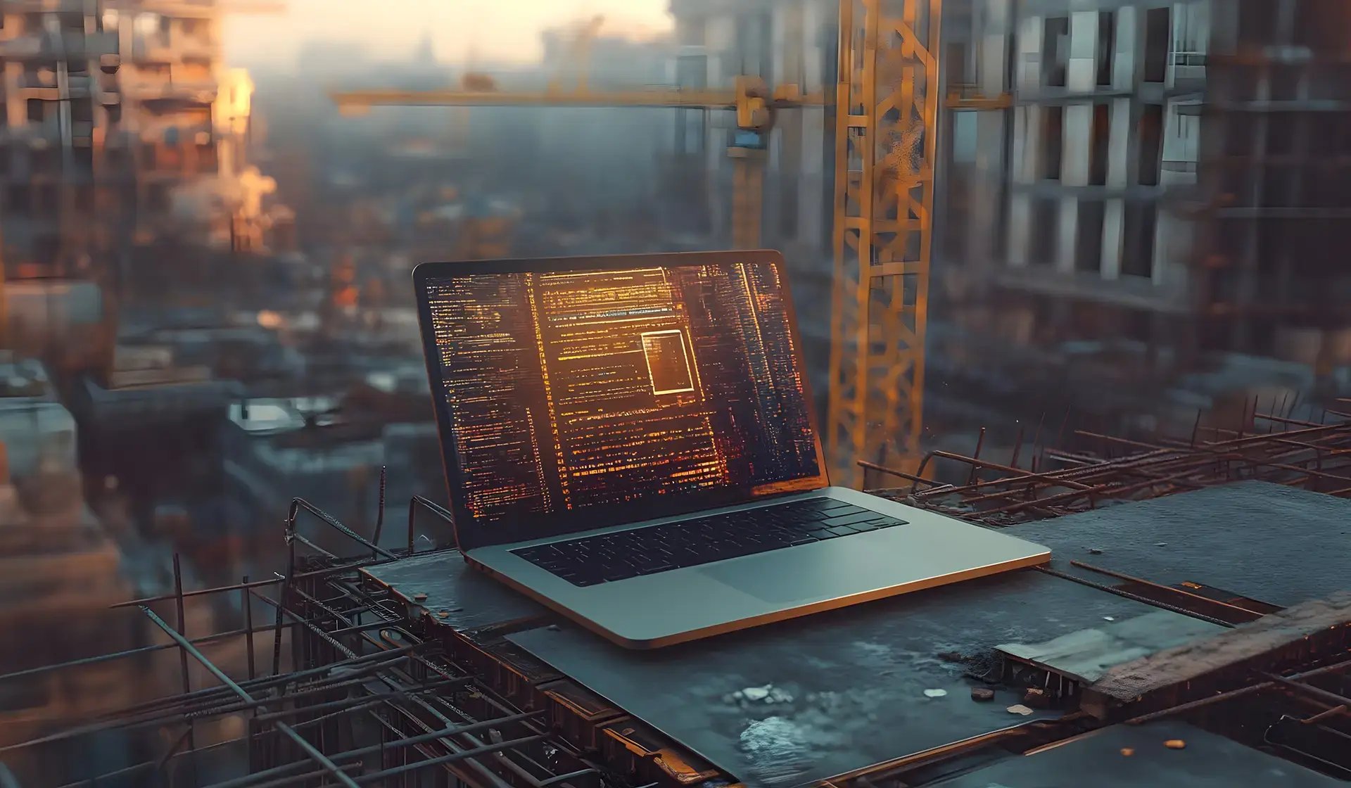Laptop mit Quellcode auf Baustelle – Symbolbild für IT-Sicherheit und gesetzliche Grundlagen wie DSGVO und IT-SiG in der Bauwirtschaft