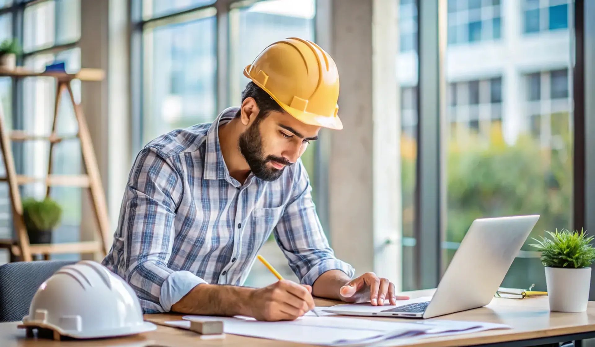 Junger Bauingenieur mit Schutzhelm arbeitet am Laptop und macht sich Notizen – Symbolbild für Online-Schulungen im Baugewerbe