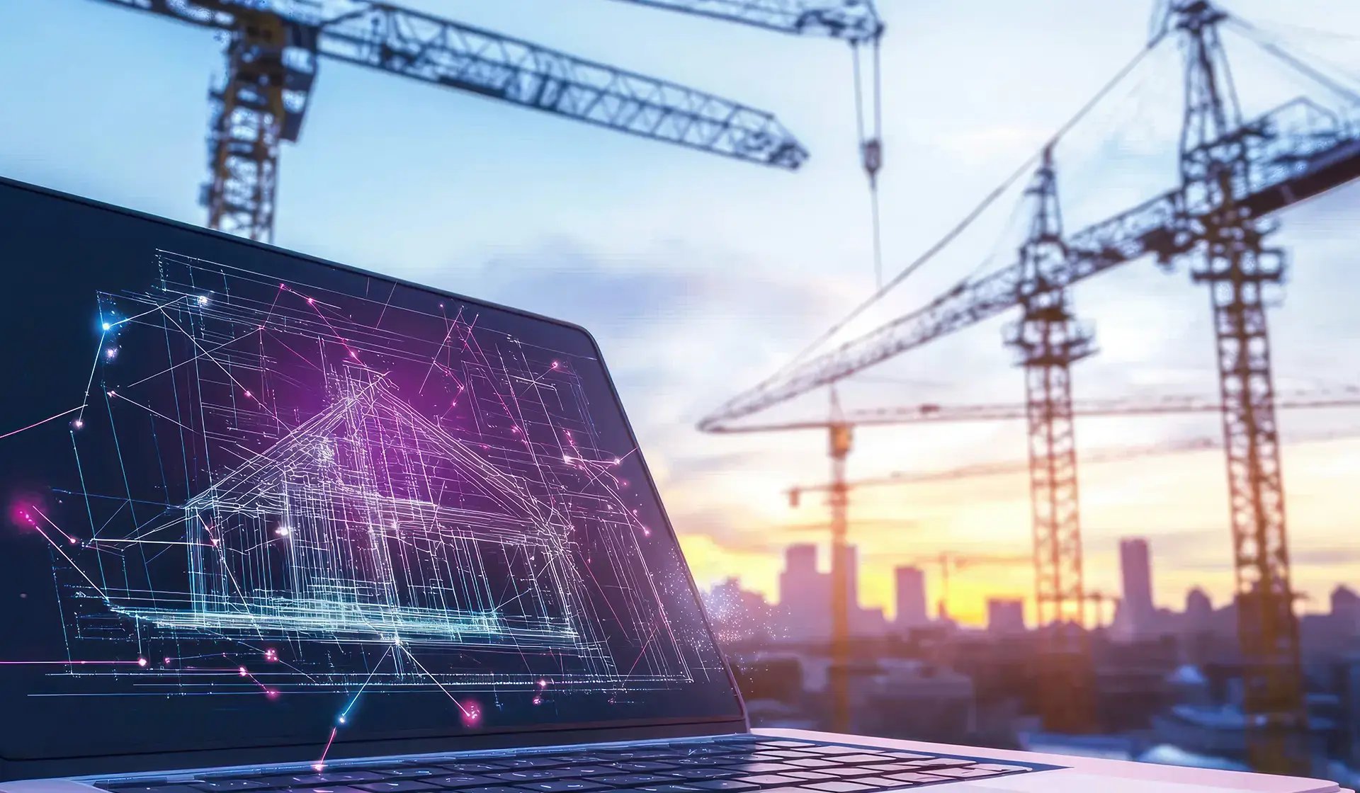 Laptop mit digitalen Bauplänen vor Baustellenkränen – Symbolbild für Lean Construction im Bauwesen