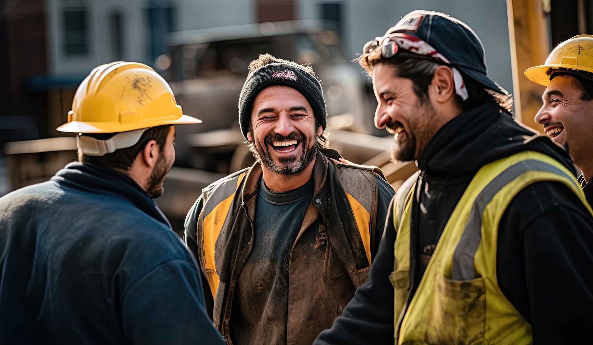 Gruppe lachender Bauarbeiter auf der Baustelle – symbolisiert gute Stimmung und Teamgeist im Baugewerbe