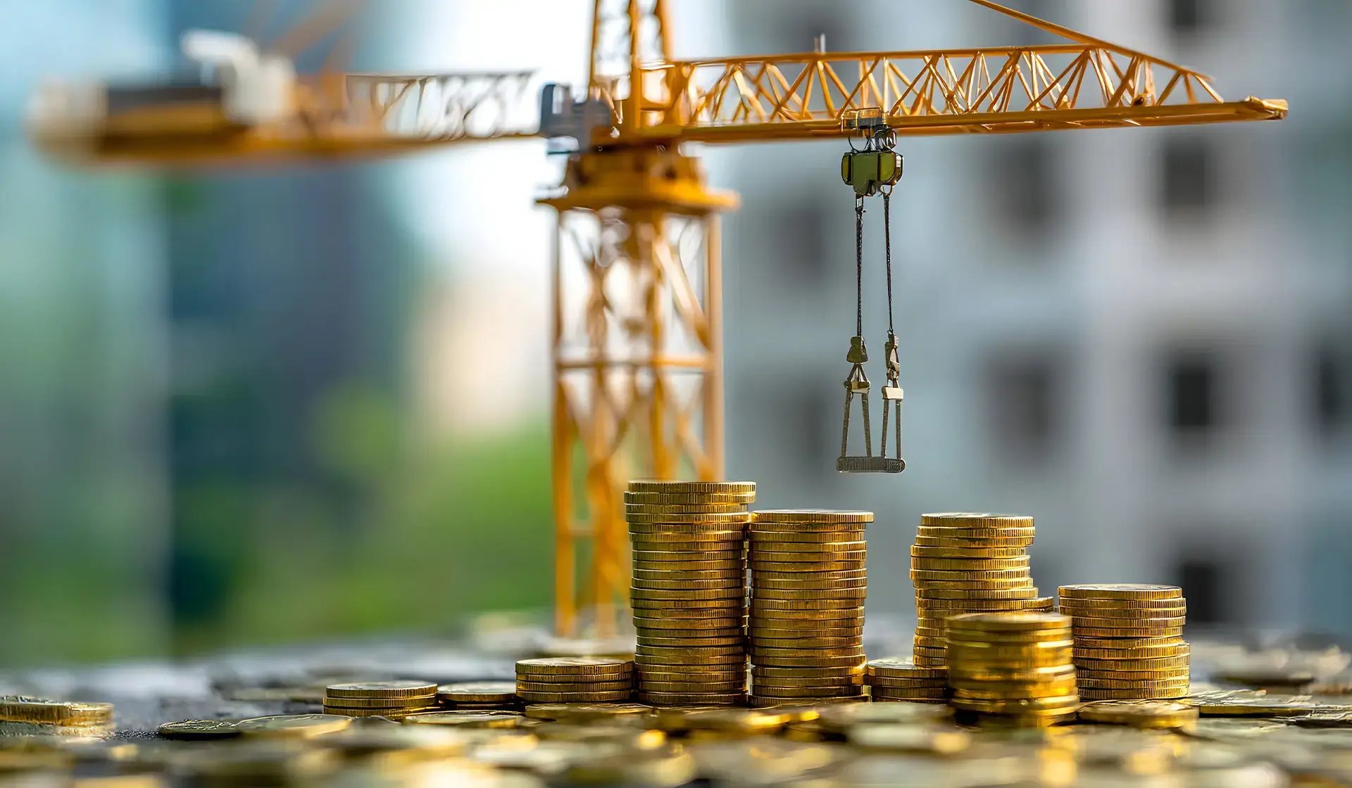 Symbolbild Bau und Geld: Kran über Münzstapeln – Darstellung von Mindestlohn und Kosten im Baugewerbe