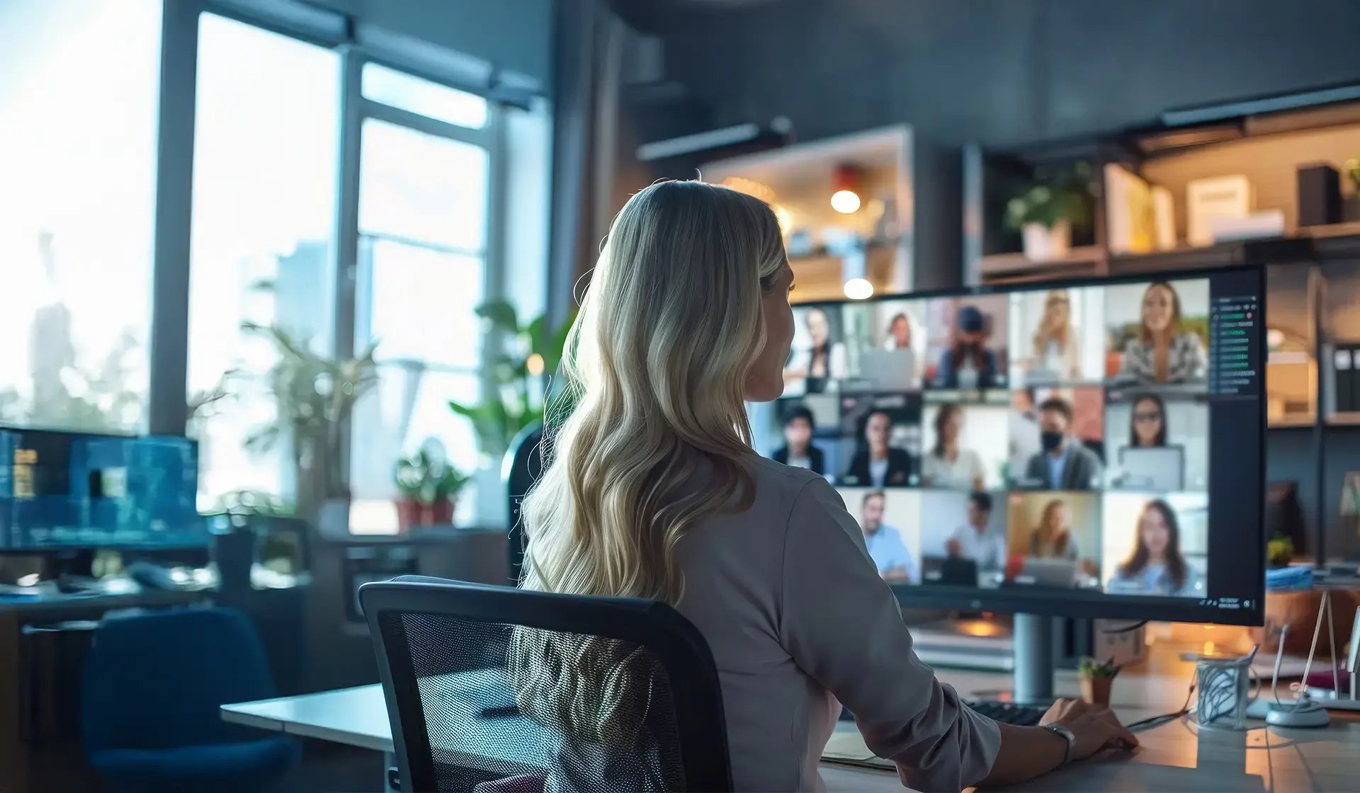 Mitarbeiterin im Videocall im modernen Büro – digitale Zusammenarbeit am Arbeitsplatz in der Bauwirtschaft in Deutschland