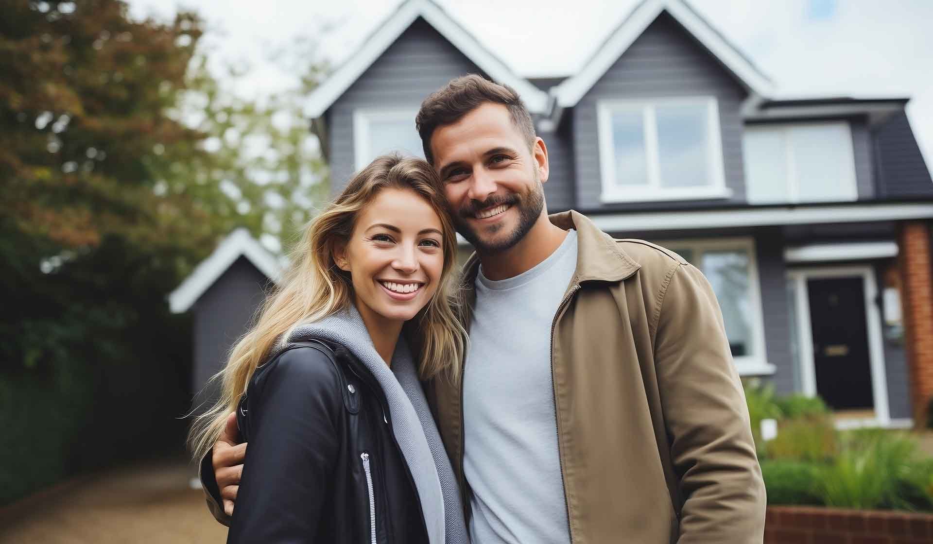 Junges Paar steht glücklich vor einem neu gebauten Eigenheim – Symbolbild für Neubauförderung, Wohnungsbau und Immobilienfinanzierung 2023