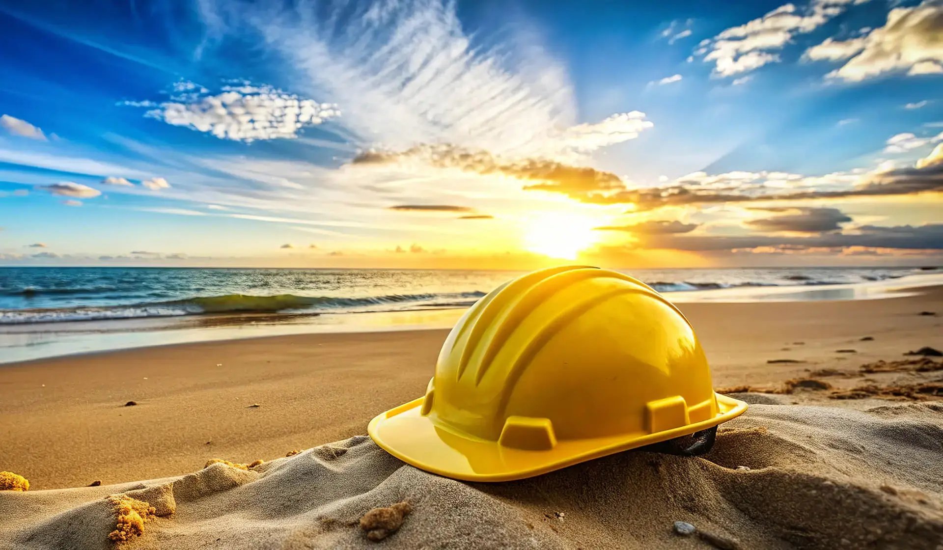 Gelber Bauhelm am Strand bei Sonnenuntergang – Symbolbild für Urlaub und Urlaubsvergütung im Baugewerbe