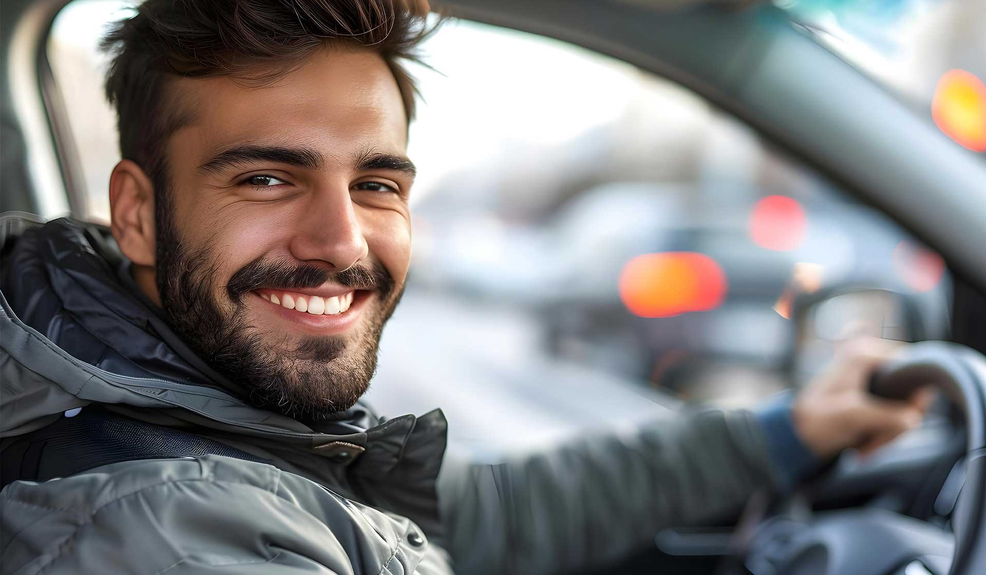 Lächelnder Mann in Arbeitsjacke sitzt am Steuer eines Autos – Symbolbild für Wegezeiten, Pendlerpauschale und Entschädigungsregelungen im Baugewerbe