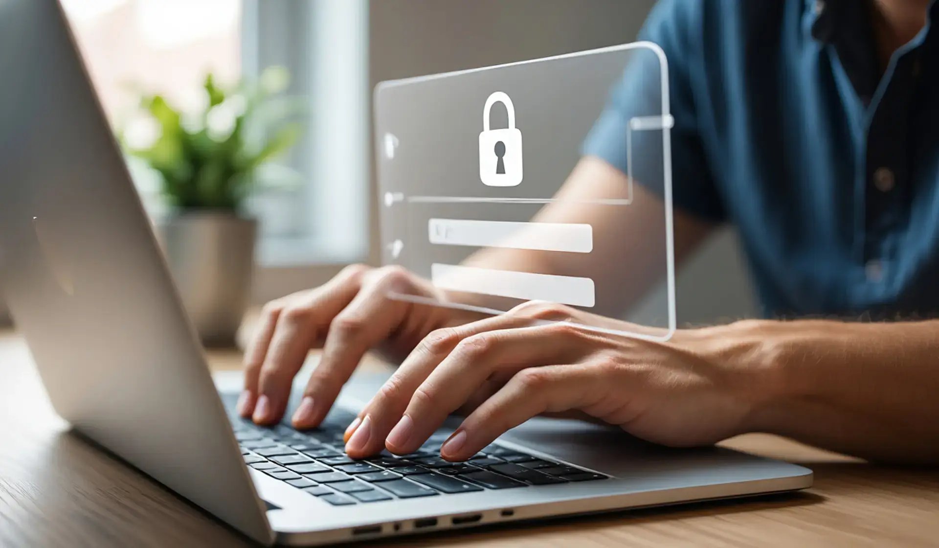Person tippt am Laptop, darüber eingeblendet ein Symbol für Passwortschutz mit Schloss – sinnbildlich für IT-Sicherheit und Zugangsschutz im Unternehmen