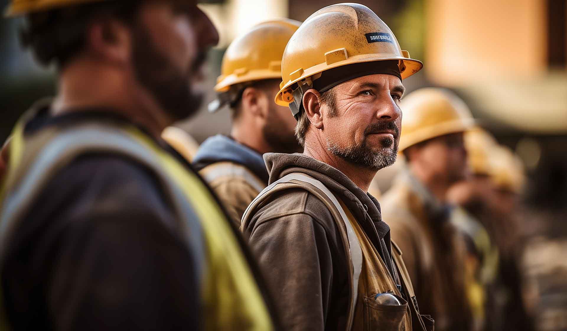 Bauarbeiter mit Schutzhelm im Fokus – Symbolbild für Personalkosten im Baubetrieb