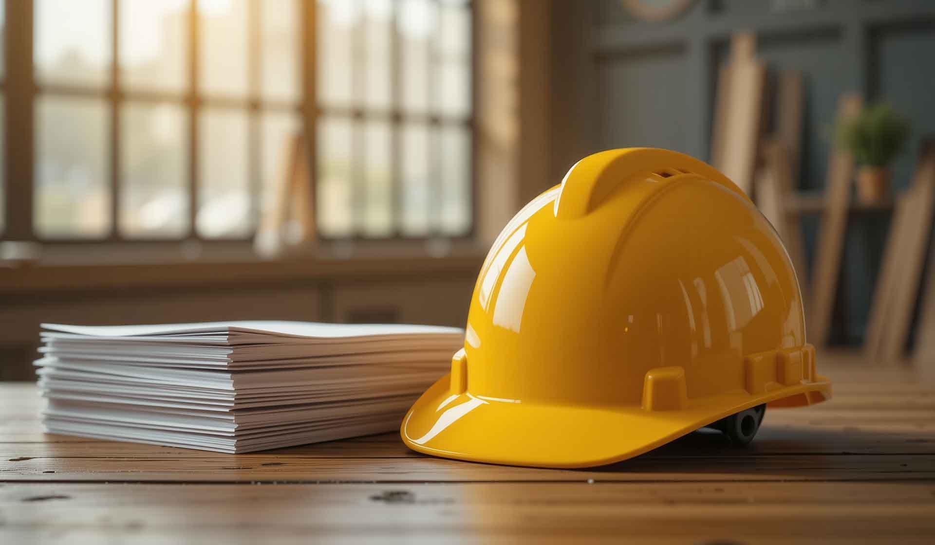 Gelber Bauhelm auf Schreibtisch mit Papierstapel
