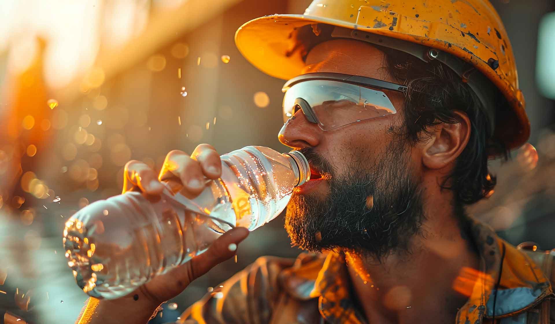 Bauarbeiter mit Helm und Schutzbrille trinkt Wasser bei starker Hitze auf der Baustelle – Symbolbild für Hitzeschutz im Sommer
