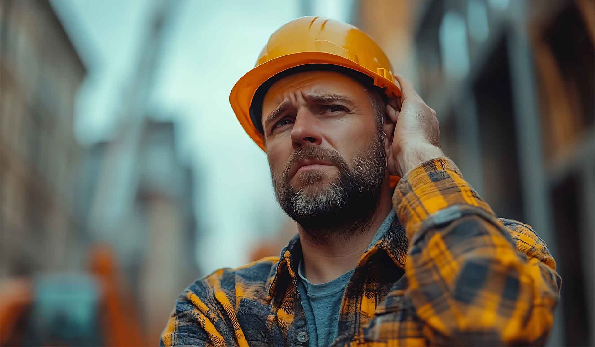 Nachdenklicher Bauarbeiter mit Helm auf Baustelle – Symbolbild für Unsicherheit und Herausforderungen im Baugewerbe